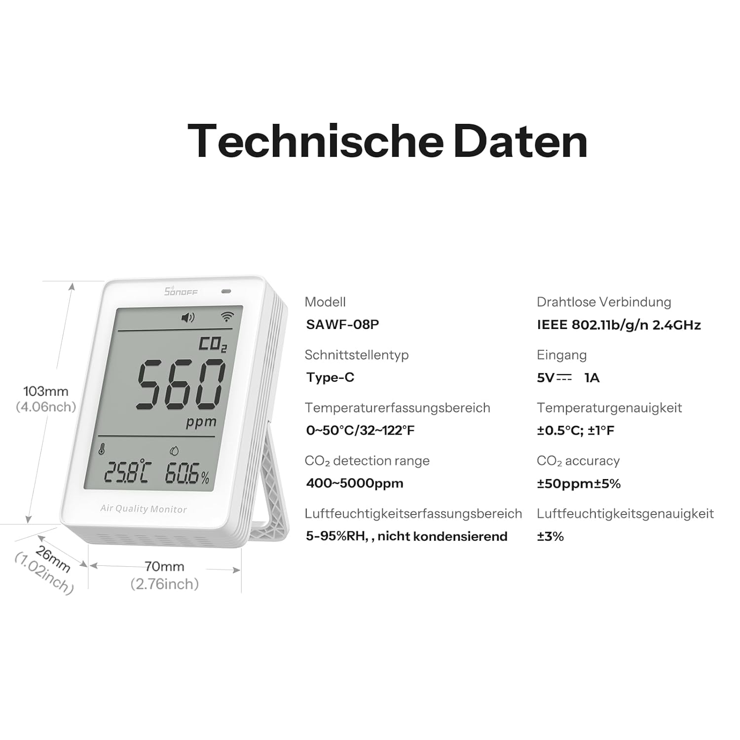 SONOFF AirGuard CO2 Intelligenter Raumluftqualitätsmonitor, Materie-kompatibel, 2,4-GHz-WLAN, CO2-/Temperatur-/Feuchtigkeitsdetektor, Echtzeitanzeige und Alarm für Schlafzimmer/Kinderzimmer – Bild 8