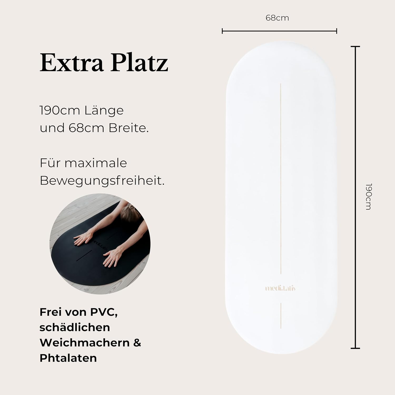 Ovale Yogamatte & Pilatesmatte in Kapselform, 190 x 68 x 0,42 cm, gelenkschonend, rutschfest & biologisch abbaubar, inklusive Tragegurt, TÜV geprüft & REACH zertifiziert – Bild 4