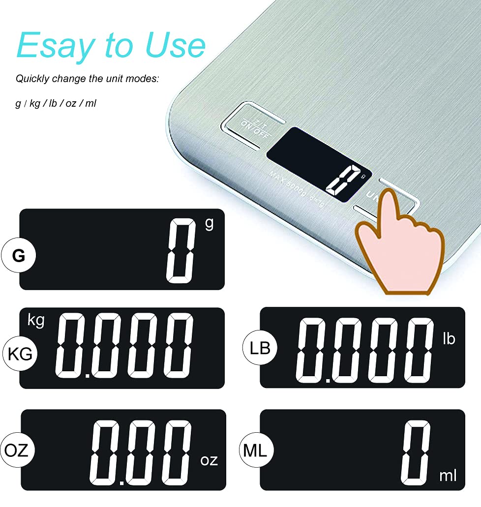 HomeFashion Digitale Küchenwaage, 5 kg, 1 g, 11 lb, Edelstahlplattform, LED-Anzeige, Präzisions-Lebensmittelwaage für Küche, Kochen, Backen, Zuhause und Büro – Bild 7