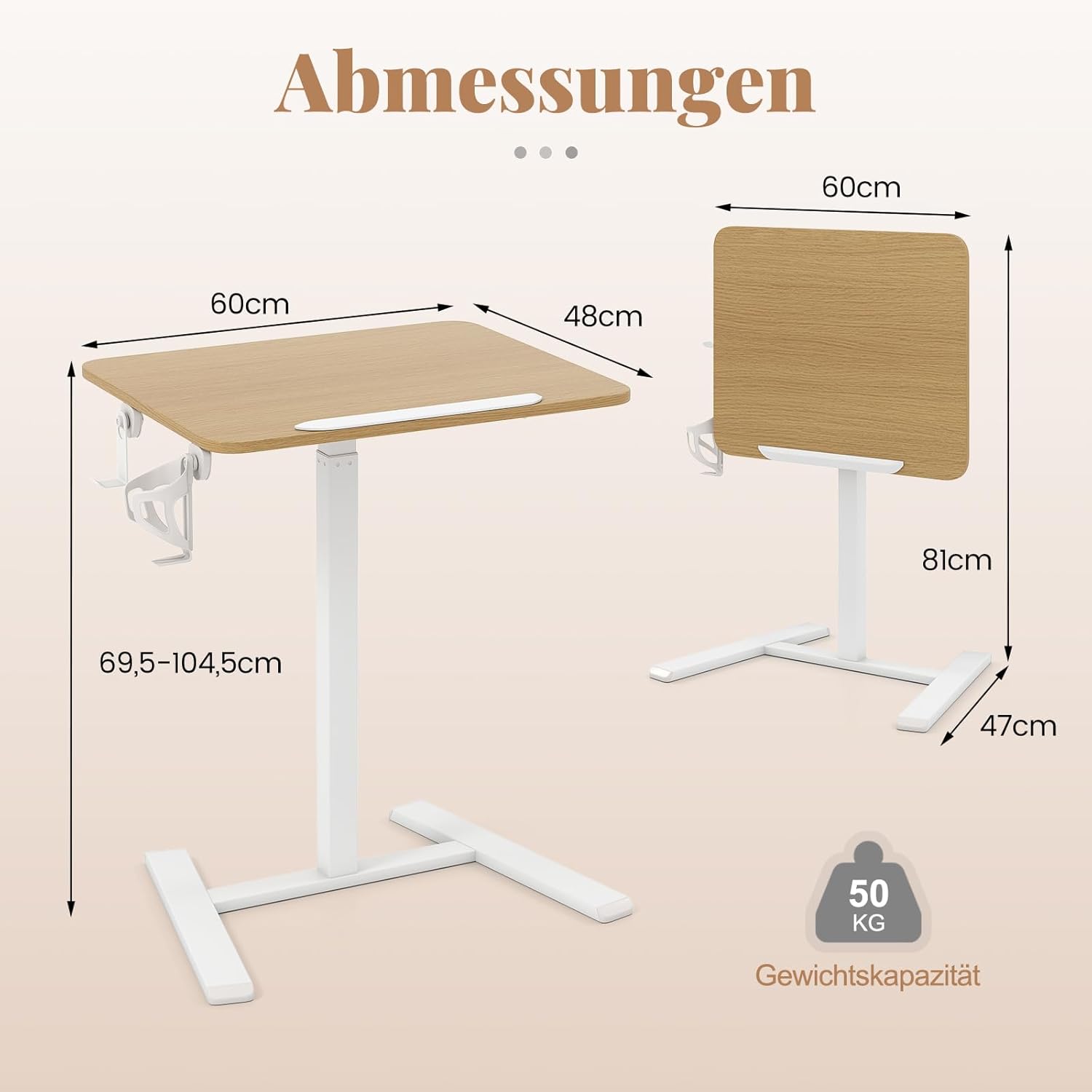 COSTWAY Beistelltisch höhenverstellbar mit versteckten Rollen, Stehtisch mit um 90° neigbarer Tischplatte, Haken und Getränkehalter, Stehpult, Stehpult, Laptoptisch für Wohnzimmer – Bild 3