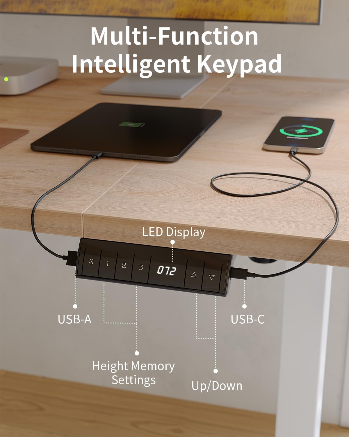 FEZIBO Höhenverstellbarer Schreibtisch mit USB-A- und USB-C-Ladeanschlüssen, 160 x 80 cm Schreibtisch, höhenverstellbar, elektrisch, ergonomischer Stehsitztisch für Home Office, Stehpult, Eiche – Bild 4