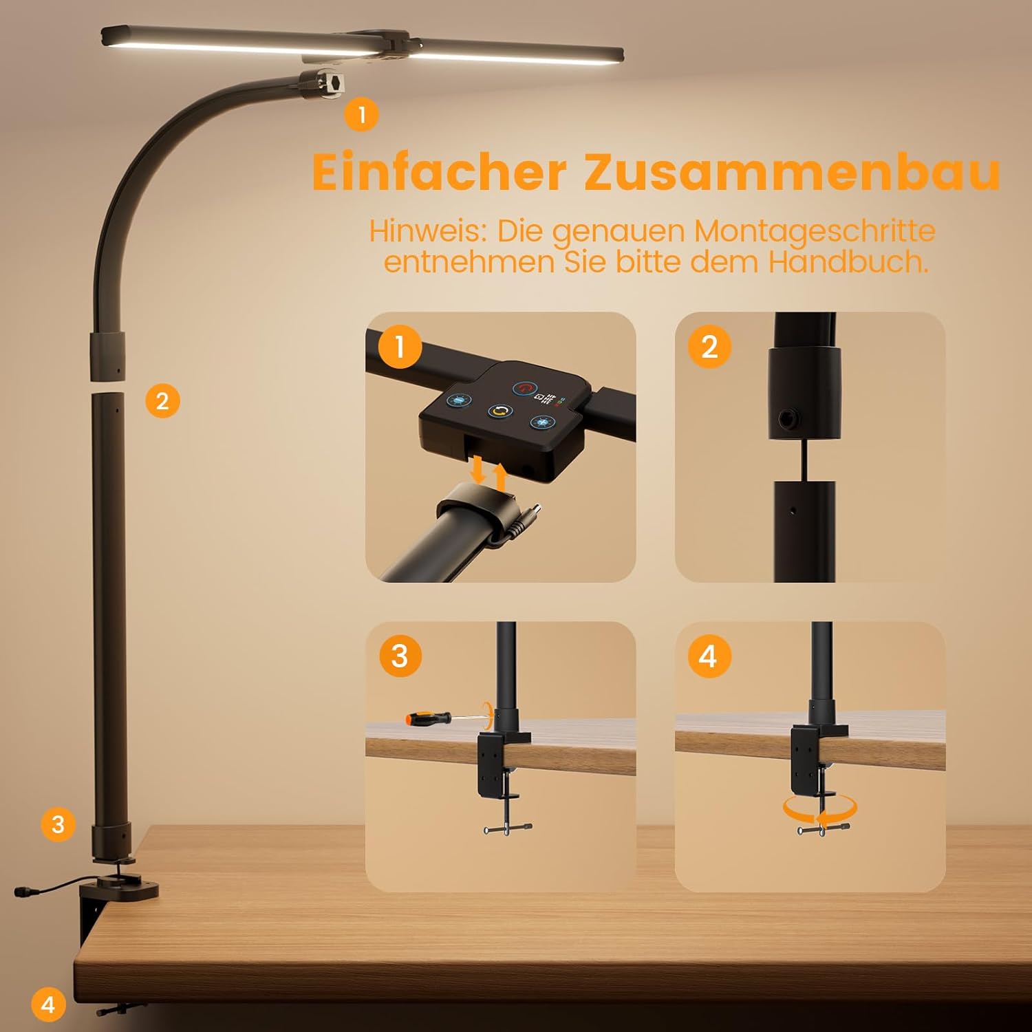 Doppelkopf Schreibtischlampe LED, 24W 76cm Schreibtischlampe Klemmbar für Home Office, 3200K-6500K Schwanenhals Büro Tischlampe Augenschutz Arbeitsplatzleuchte Monitorlampe PC Lampe (Schwarz) – Bild 7