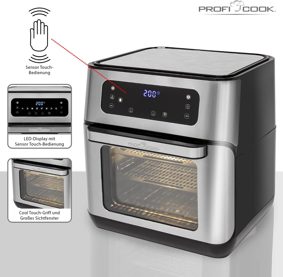 ProfiCook Heißluftfritteuse, 9 Automatikprogramme, XXL, 1500 Watt, 200 °C, 11 Liter Fassungsvermögen, 4 Einschubhöhen, Edelstahl, LED-Anzeige, optimale Backergebnisse, viel Zubehör, PC-FR 1200 – Bild 8