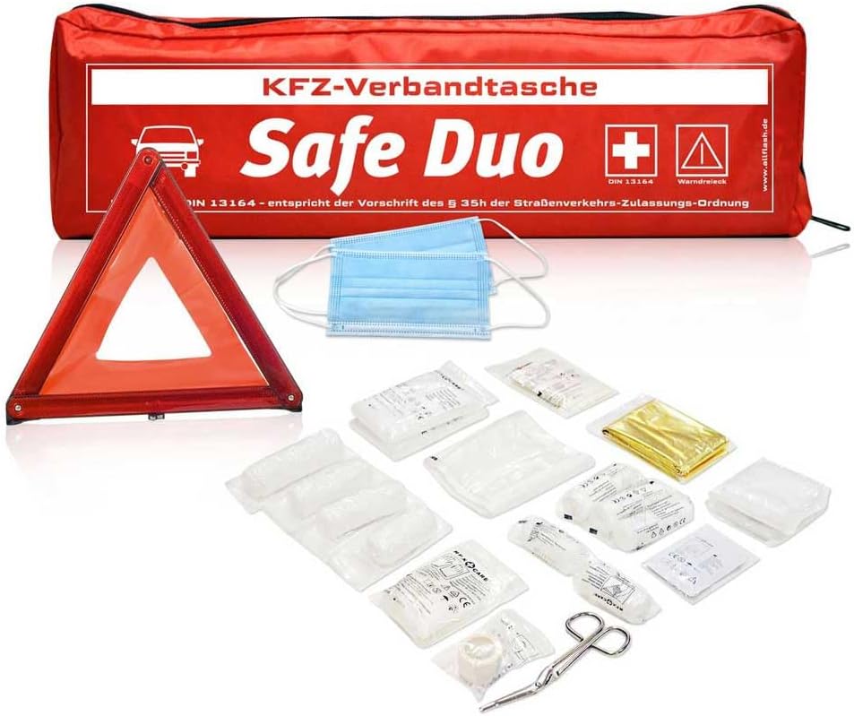 Kombitasche 2-in-1 Auto-Verbandtasche Safe Duo Rot | Verbandsmaterialien Neueste Norm 13164:2022-02 | Euro-Warndreieck | Erste-Hilfe-Set fürs Auto