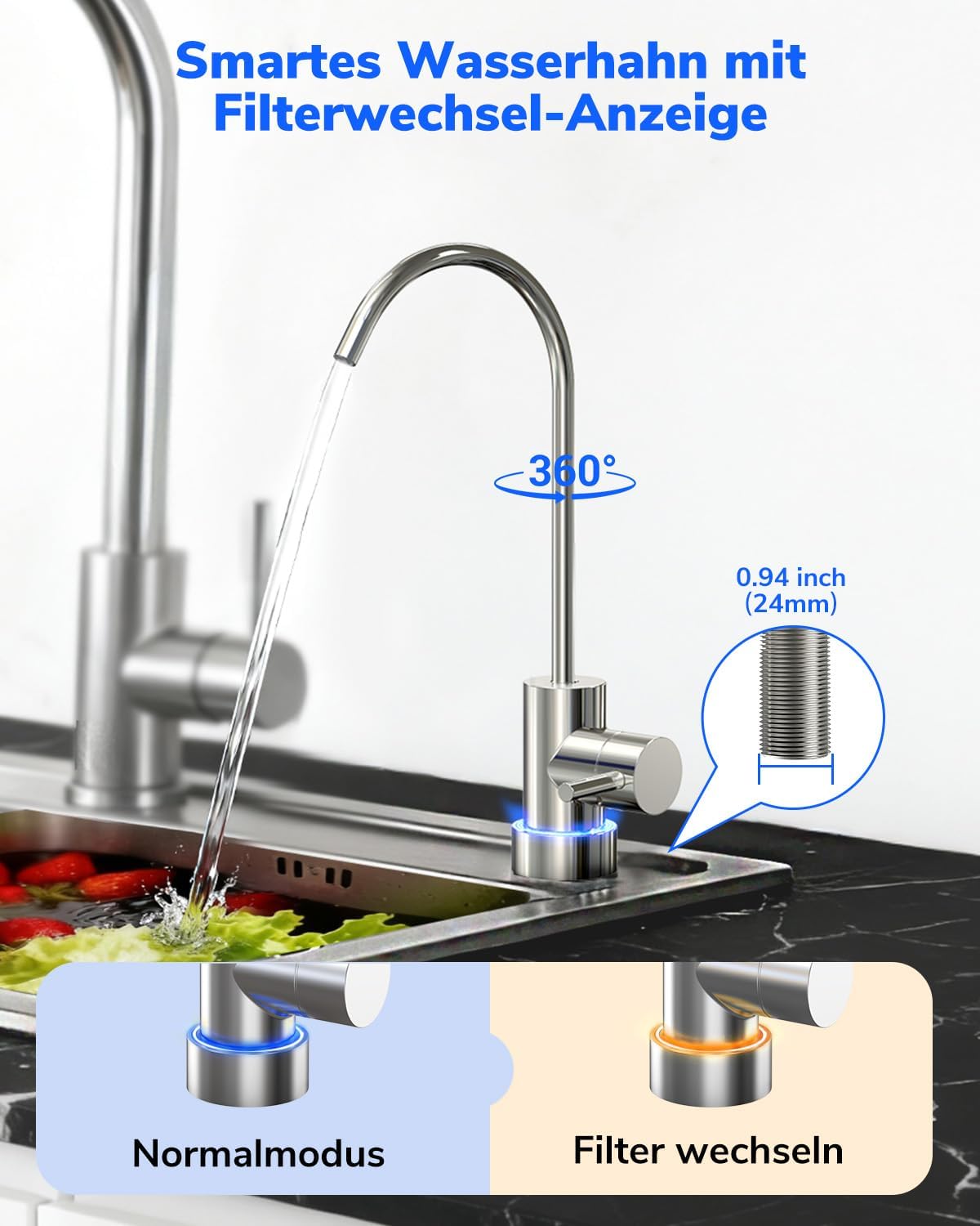 Ecoviva E6 600 GPD Osmoseanlage Trinkwasser, Untertisch-Umkehrosmoseanlage, 9-stufige Filterung RO-Osmose-Wasserfilter, reduziert TDS, 2,5:1 Sparverhältnis, ohne Tank, Schwarz – Bild 5