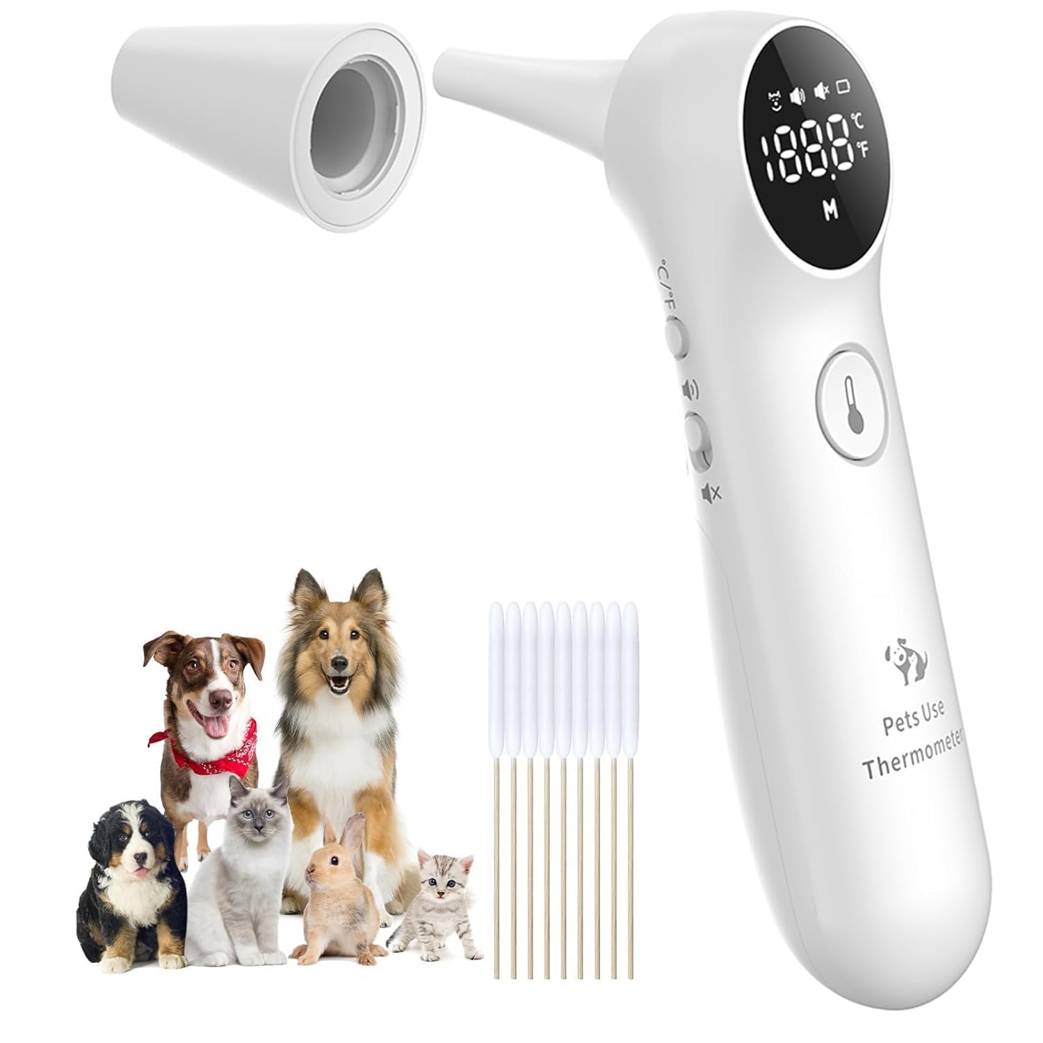 Ohrthermometer für Hunde, Katzen und Nutztiere mit langer Sonde, Umschaltung auf C/F, Stummschalttaste, 1-Sekunden-Messung