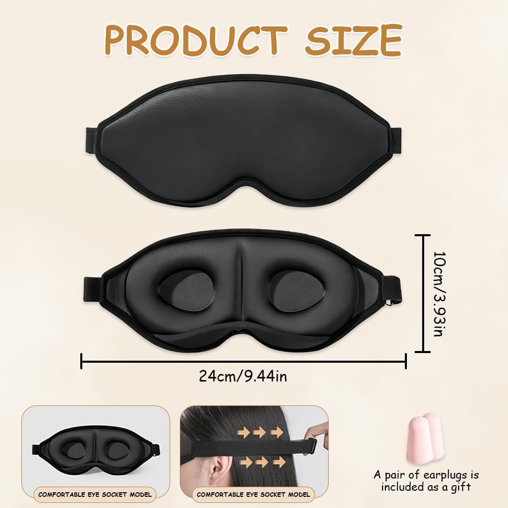 Schlafmaske, Schlafbrille 3D-Augenhöhlen Design 100% Lichtblockierende Lichtblockierende Schlafbrille mit 1Paar Ohrstöpseln Verstellbar Gummiband Augenmaske für Männer und Frauen – Bild 7