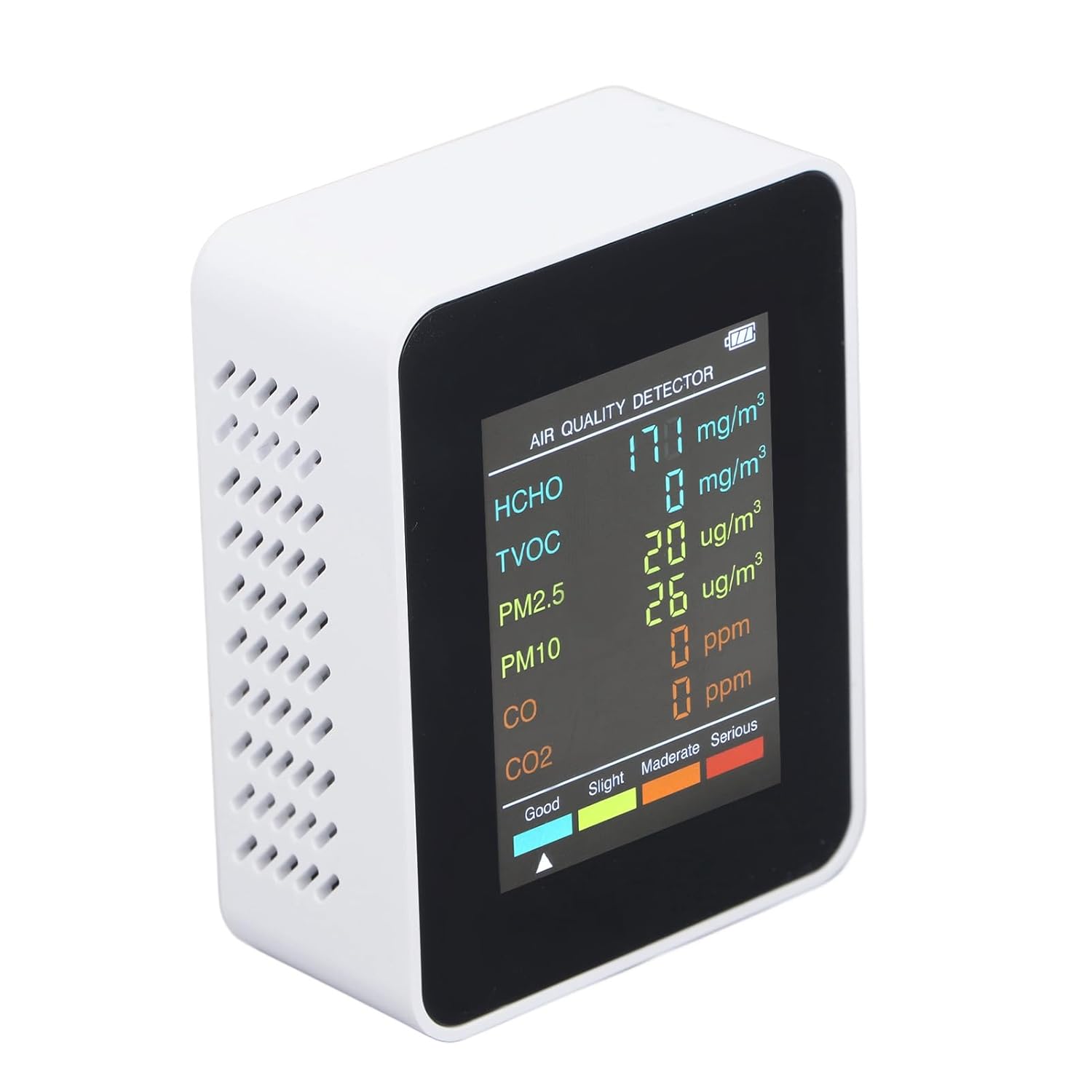 5-in-1 tragbarer Luftqualitätsmonitor mit LCD-Hintergrundbeleuchtung, professioneller Detektor für CO2, TVOC, HCHO, PM2,5 PM10, Temperatur-Feuchtigkeits-Alarmfunktion, ideal für – Bild 7
