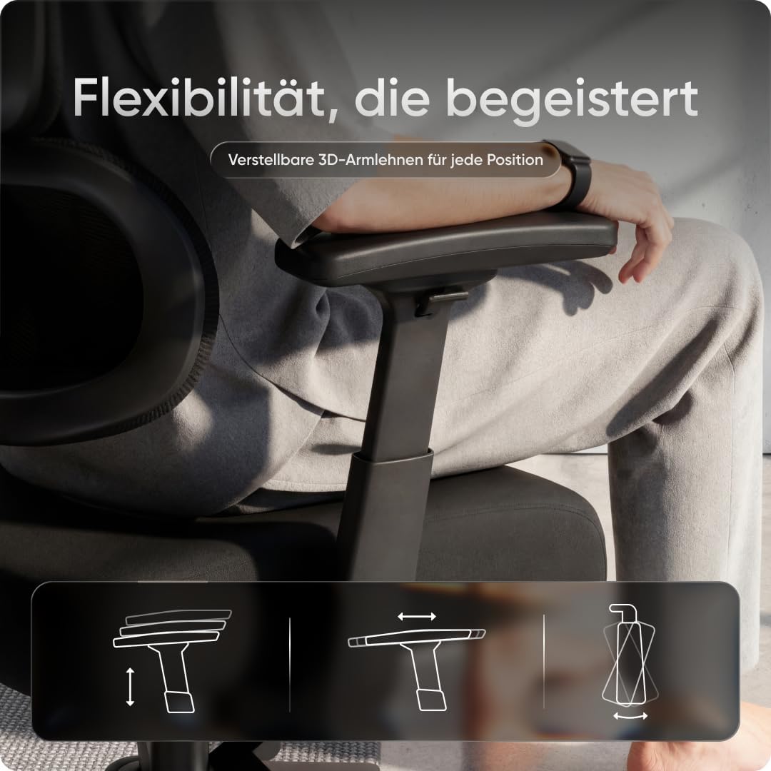Ergonomischer Bürostuhl Move für das Home Office bis 150 kg – Schreibtischstuhl mit intelligenter Lordosenstütze, 3-stufiger Neigung & höhenverstellbarer Rückenlehne, Bürodrehstuhl (Schwarz) – Bild 4