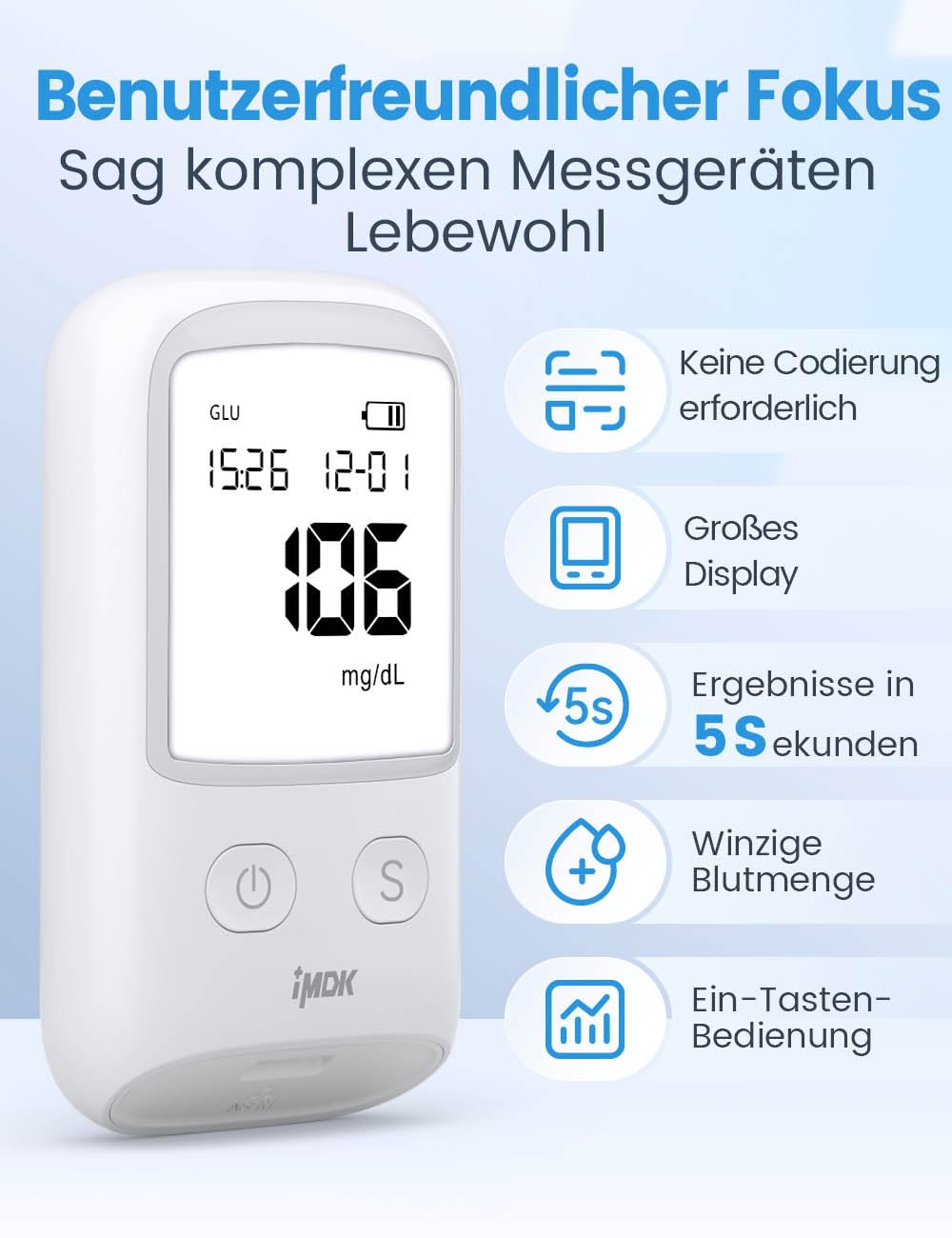 IMDK Blutzuckermessgerät-Set (mg/dl), CLINIC PRECISION Blutzuckermessgerät mit 100 Teststreifen, 100 Lanzetten und 1 Stechhilfe – Codierungsfrei & großes Display – Bild 5