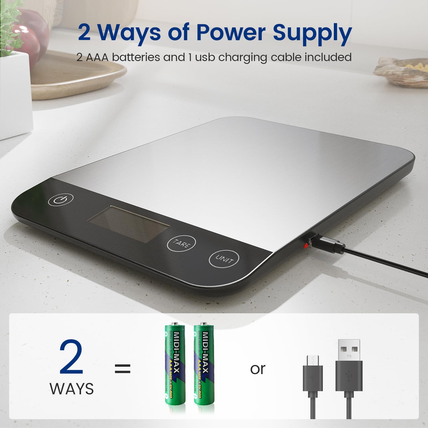 Wiederaufladbare digitale Küchenwaage, USB C elektronische Küchenwaage, 15 kg, hochpräzise 1 g/0,1 oz Lebensmittelwaage, professionell mit harter Funktion, Batterien im Lieferumfang enthalten (A) – Bild 5
