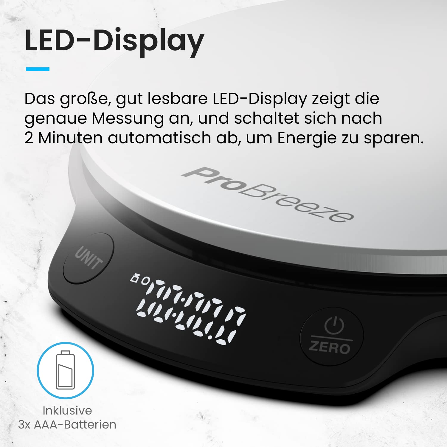 Pro Breeze Digitale Küchenwaage bis 5 kg – Professionelle Digitalwaage für präzise Messgenauigkeit bis 1 g, inklusive Flüssigkeitsmessung, mit großem LCD-Display und Tara-Funktion – Silber/Edelstahl – Bild 6