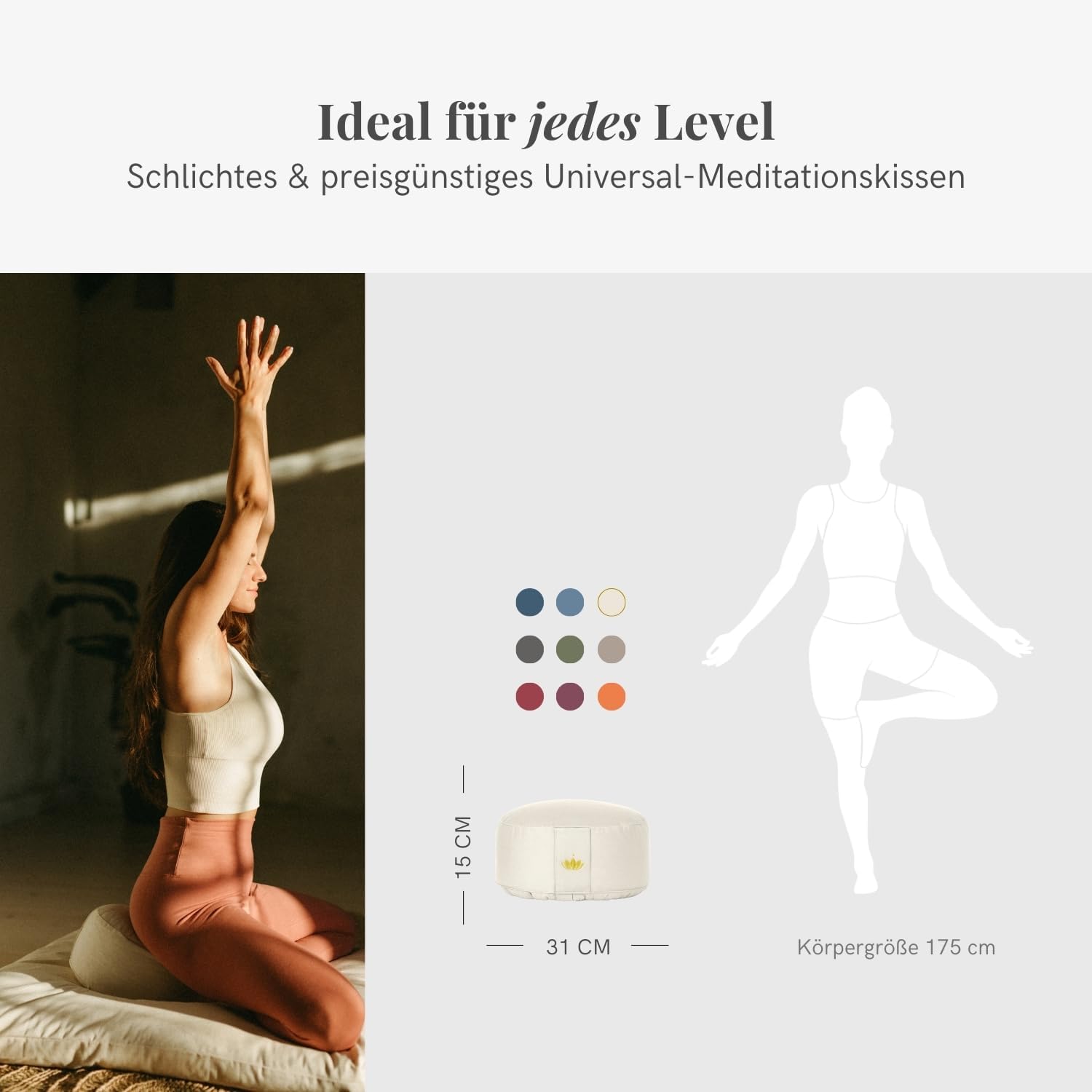 Lotuscrafts Meditationskissen mit 15 cm Sitzhöhe, bestickt, Yogakissen mit 100% Bio-Dinkelspelzfüllung, Yogakissen rund mit robustem Bezug, waschbar, GOTS-zertifiziertes Bodenkissen, rund – Bild 4
