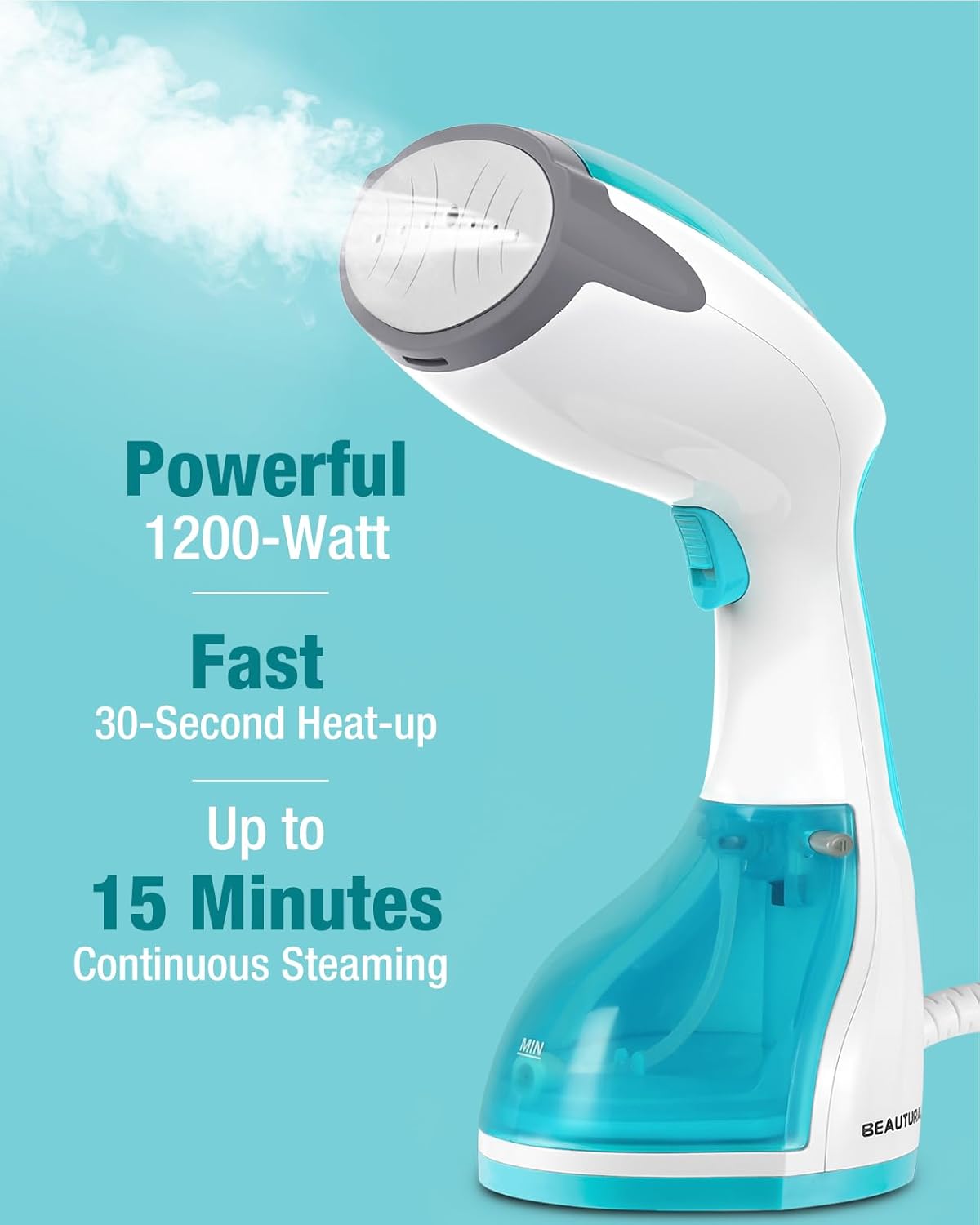 BEAUTURAL Dampfgarer, Dampfgarer, schnelles Aufheizen, 260 ml Wassertank, automatische Abschaltung, Faltenentferner für Kleidung, ideal für Zuhause, Büro, Reisen, Himmelblau – Bild 3