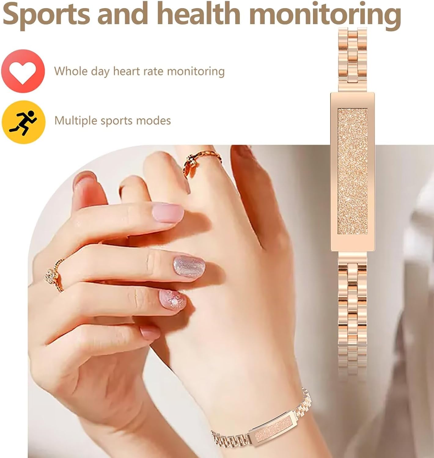 Fitness-Armband Damen, elegant, Smart-Armband, schmal, Schrittzähler, Damenschmuck, Roségold, Silber, Armreif, Fitness-Tracker ohne App und Handy, Schlaf-Tracker, Herzfrequenzmesser, Fitness-Armband – Bild 4