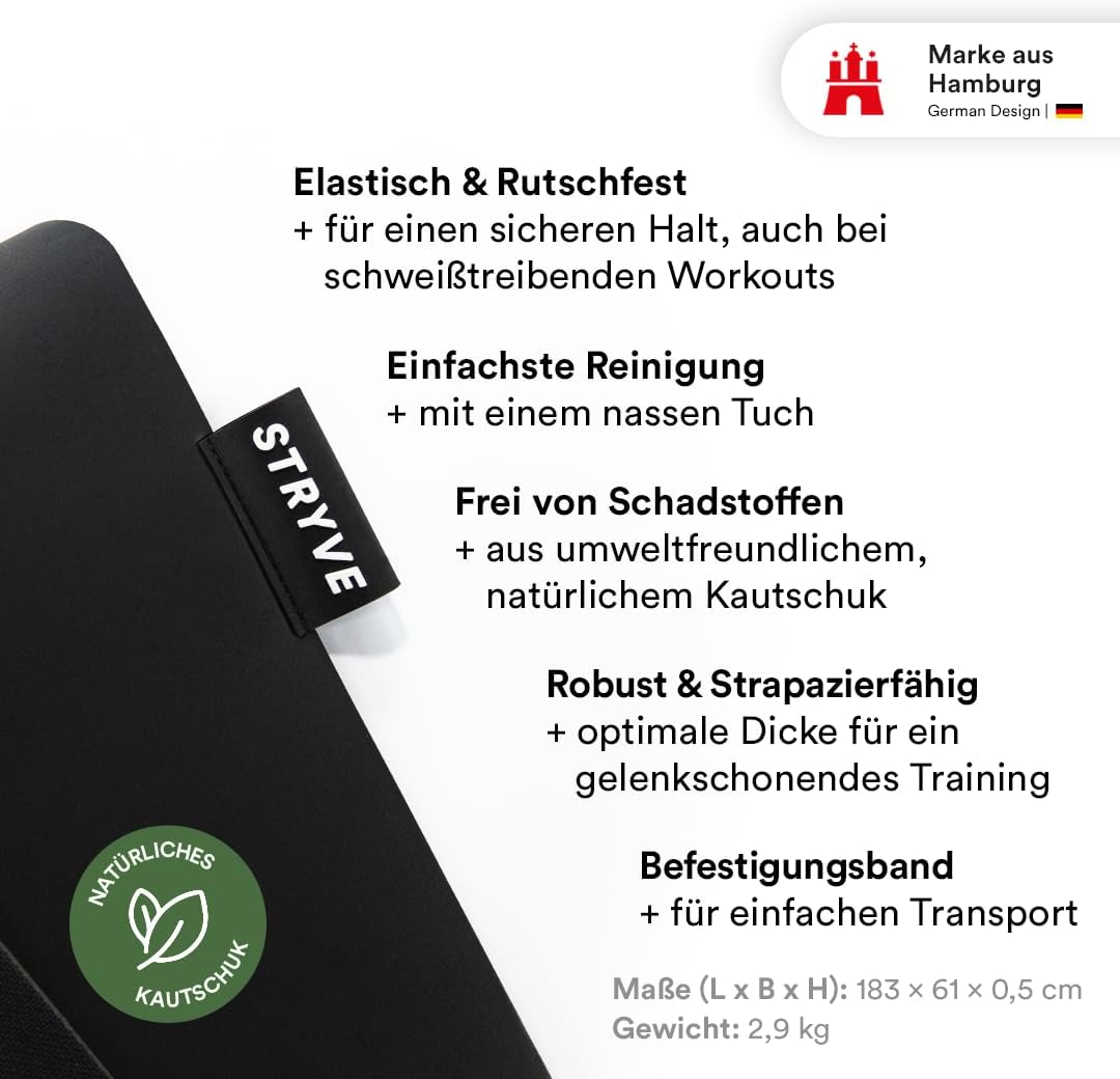 STRYVE Training Mat Pro – Yogamatte rutschfest – Yogamatte aus Naturkautschuk & PU – Trainingsmatte, Fitnessmatte & Sportmatte für Home Gym, Pilates, Yoga & HIIT – 5 mm Gymnastikmatte groß (181 x 61 cm) – Bild 2