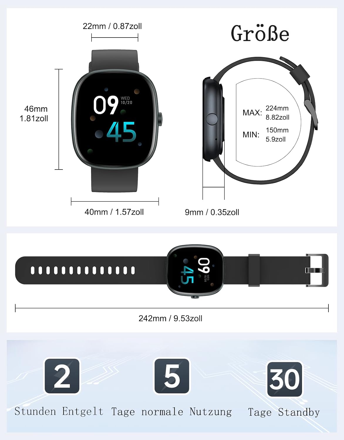 Smartwatch Damen Herren mit Telefonfunktion, 1,85 Zoll Smartwatch mit SpO2/Herzfrequenz/Schlafmonitor/Schrittzähler 100+ Sportmodi, IP68 wasserdichte Fitnessuhr Whatsapp Notify für Android iOS Handy – Bild 8