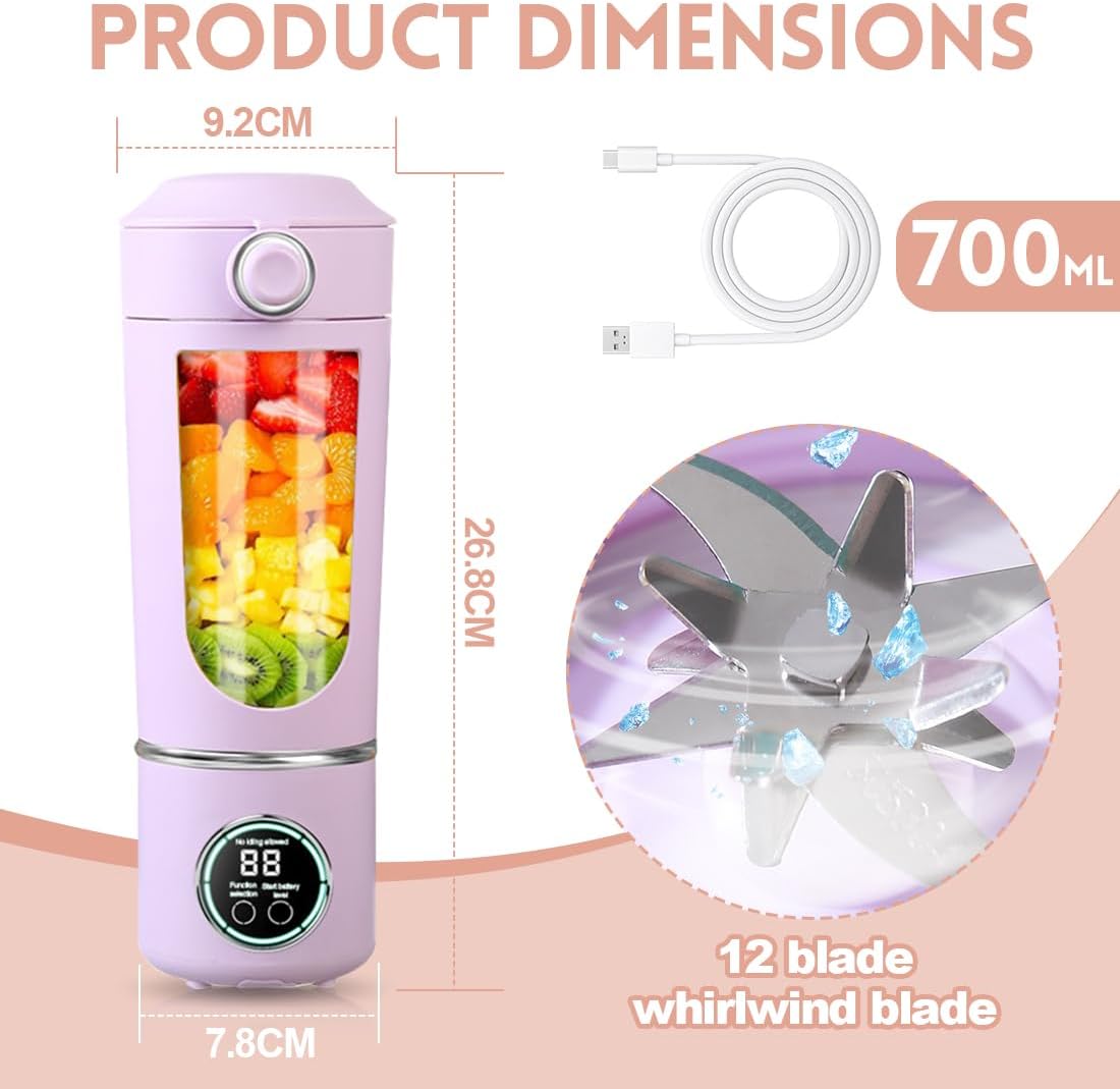 Tragbarer Mixer, Mini-Standmixer, kleiner Entsafter, Smoothie-Maker mit Silikon-Strohhalm, USB-Ladegerät Smoothie Maker, 400ml KleinerMixer mit 12 Edelstahlklingen, für Zuhause/Küche (Lila) – Bild 2