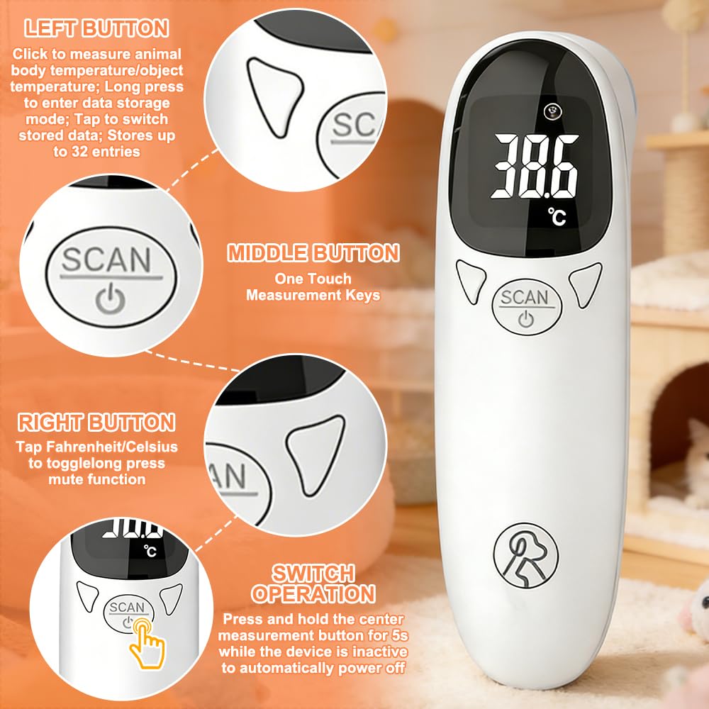 Fieberthermometer Hund, Digitales Haustierthermometer mit LED-Anzeige, Tragbares Fiebermessgerät Ohr für Hunde und Katzen, Ohrthermometer Hund mit Speichermodus – Bild 3