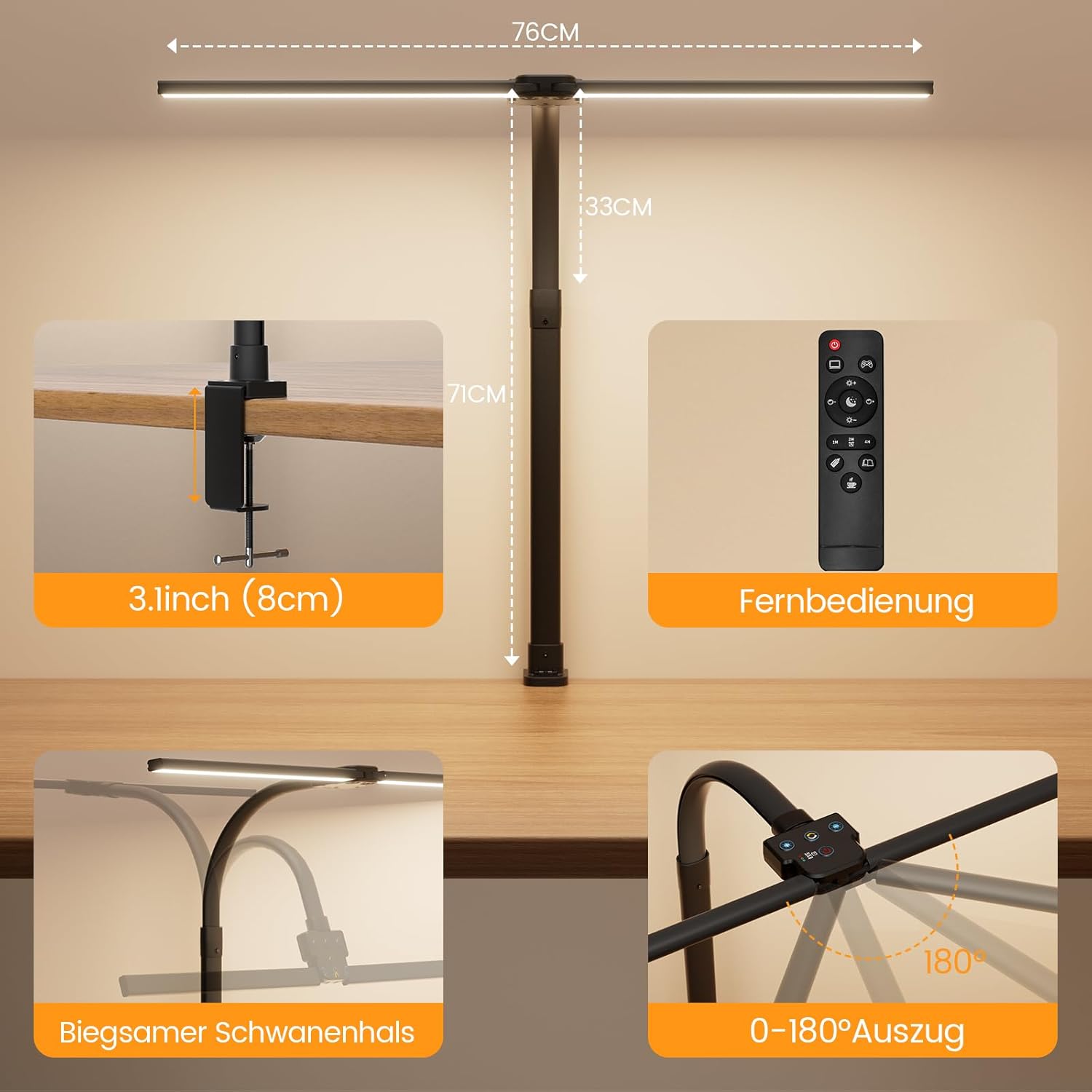 Doppelkopf Schreibtischlampe LED, 24W 76cm Schreibtischlampe Klemmbar für Home Office, 3200K-6500K Schwanenhals Büro Tischlampe Augenschutz Arbeitsplatzleuchte Monitorlampe PC Lampe (Schwarz) – Bild 5