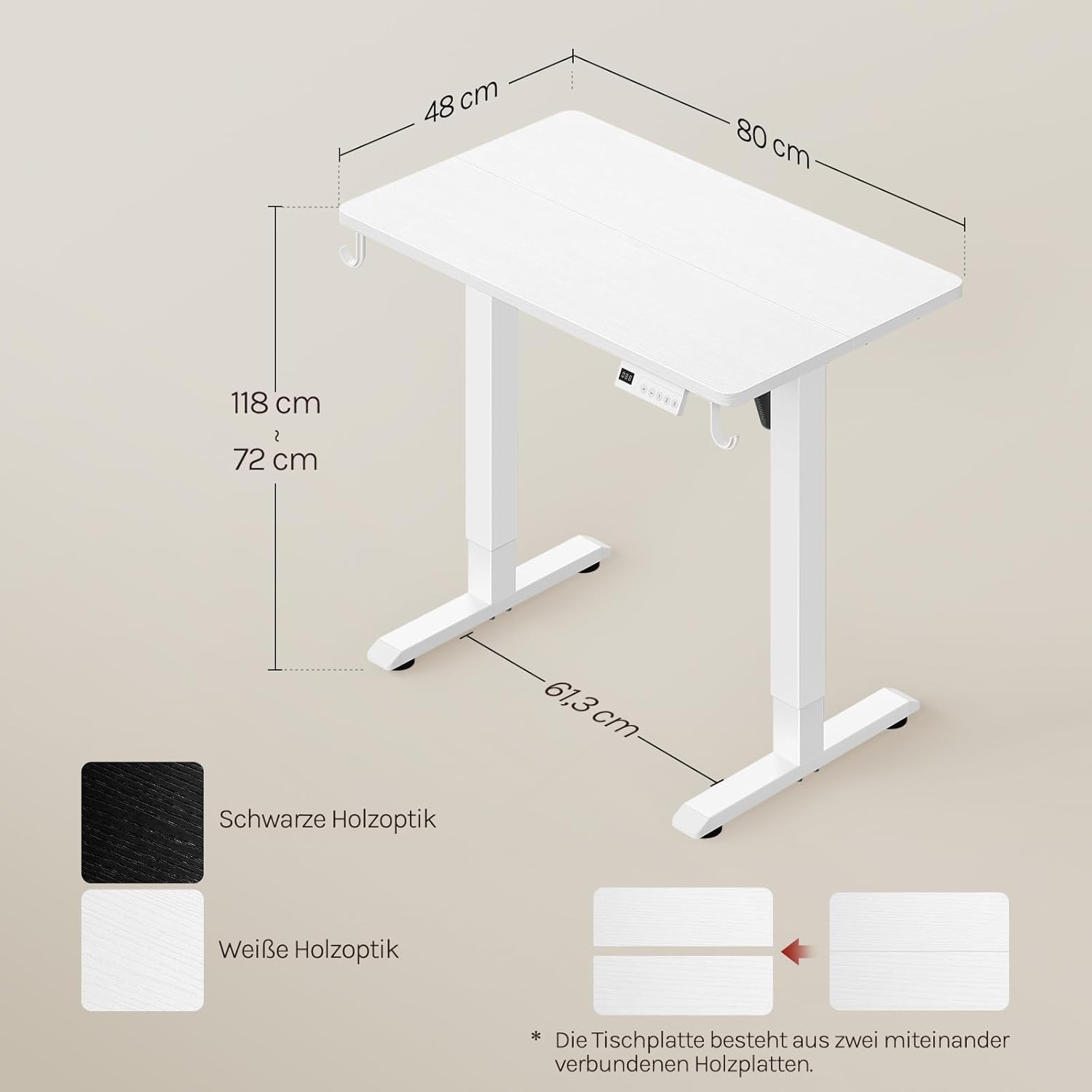 WOLTU Höhenverstellbarer elektrischer Schreibtisch mit Memory-Funktion & Kollisionsschutz, 80 kg Tragkraft, leise, Computertisch für Home Office, Arbeitszimmer, 80 x 48 cm, Weiß – Bild 3