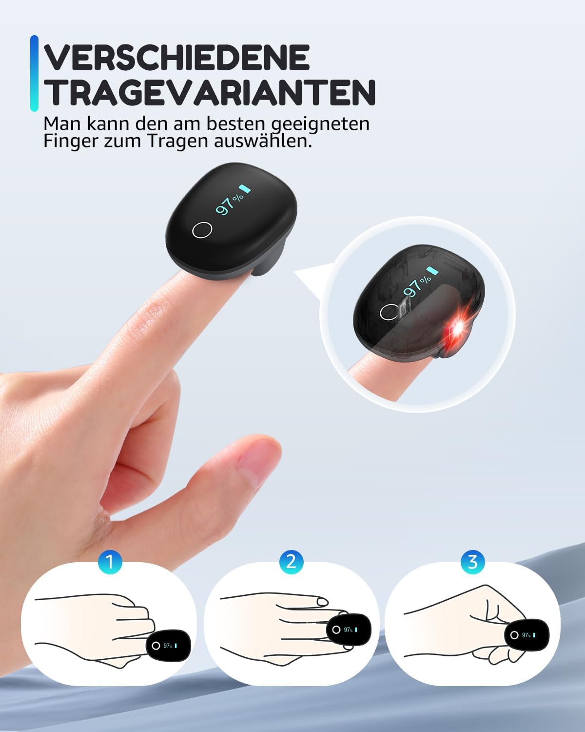 Wiederaufladbares O2-Ring-Bluetooth-Blutsauerstoffmessgerät für die Fingerspitze zur kontinuierlichen Messung von SpO2 und Pulsfrequenz – Bild 2