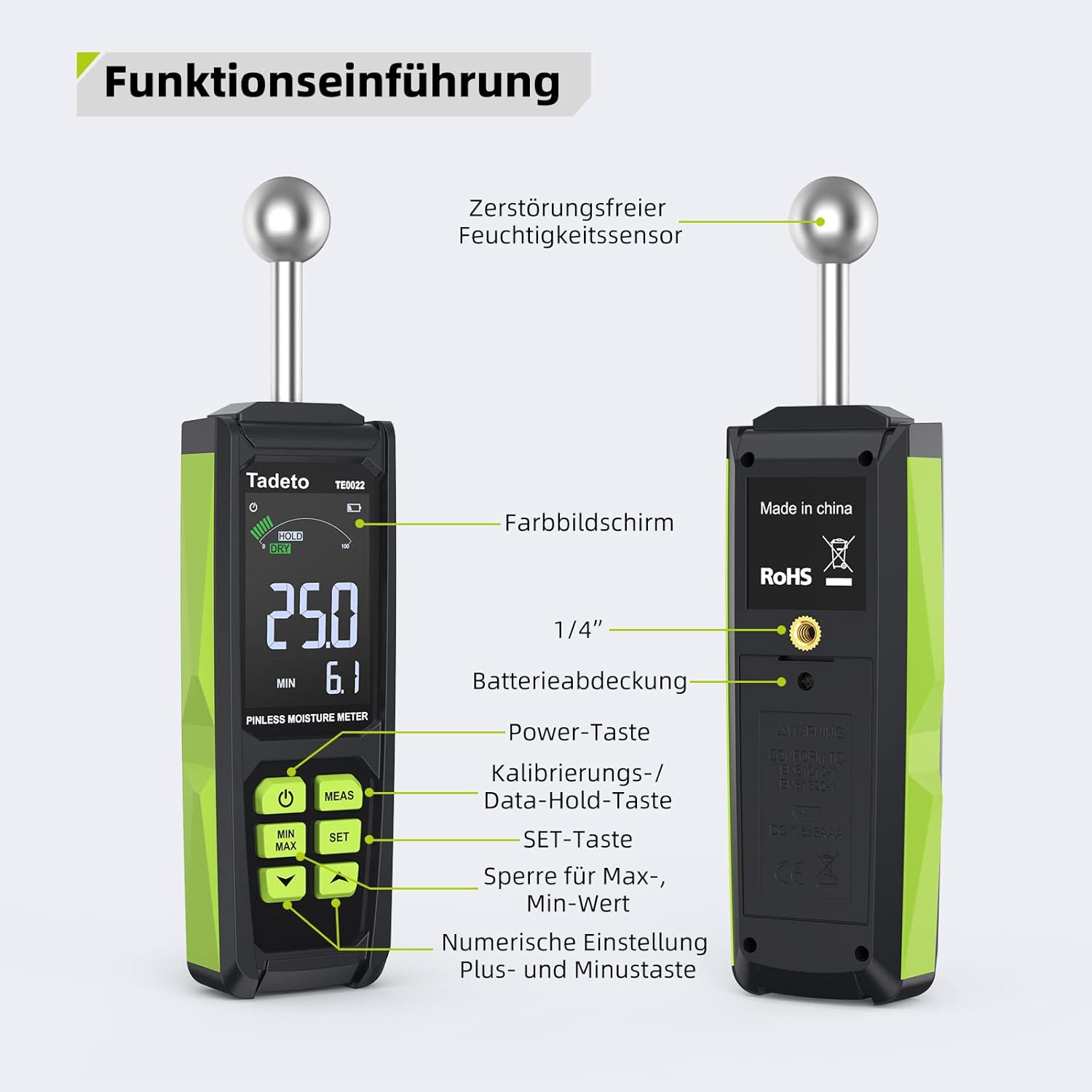 Feuchtigkeitsmesser, Tadeto Feuchtigkeitsmesser 20-40 mm Analysetiefe mit Farb-LCD Alarmfunktion Haltefunktion Feuchtigkeitsmesser für Wände, Holz, Mauerwerk, Beton, Putz, Baumaterialien – Bild 6