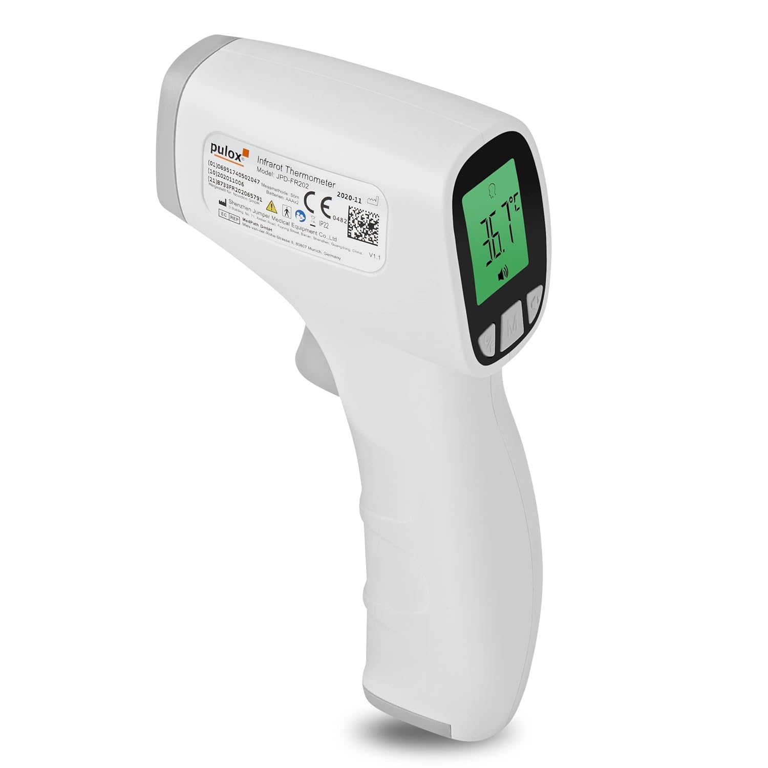 Pulox JPD-FR202 Infrarot-Fieberthermometer – Kontaktloses Stirn- und Oberflächenthermometer für Babys und Erwachsene – LCD-Display, Fieberalarm und Speicherabruf