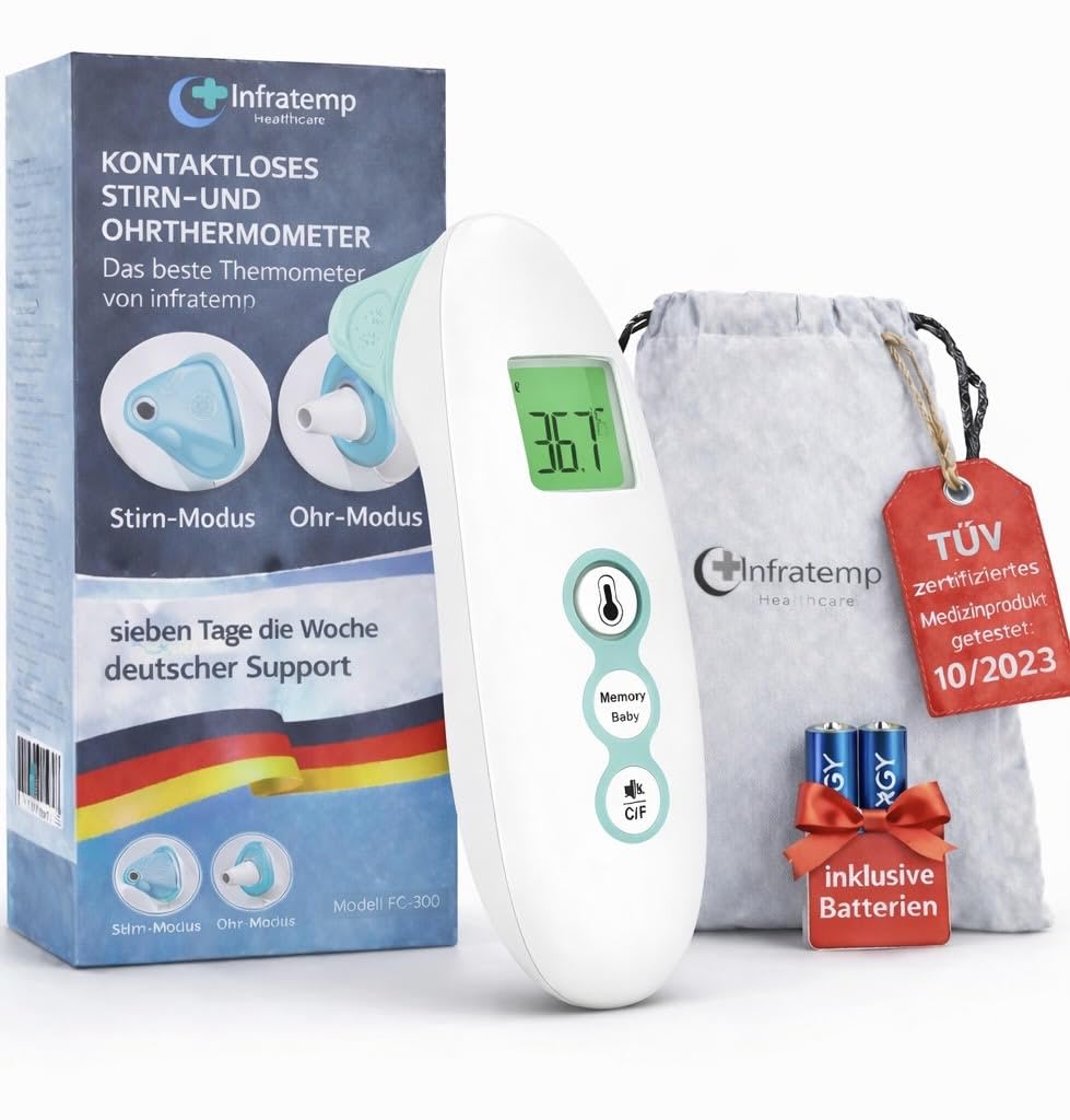 Fieberthermometer, berührungslos für Stirn und Ohr, Alterspräzision, Farbdisplay, Speicher für Babys/Kinder/Erwachsene, 3 in 1 Meter