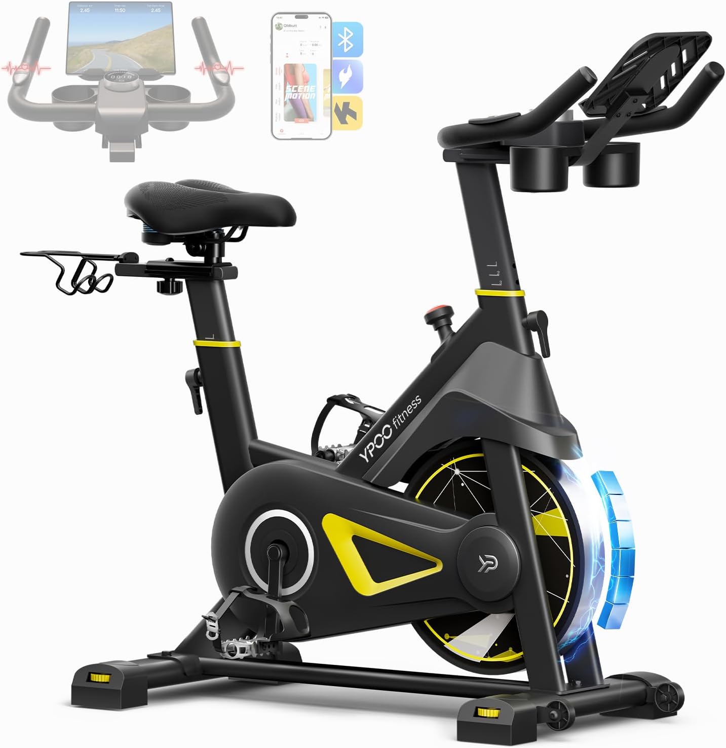 YPOO Heimtrainer, Leises Heimtrainer-Fahrrad mit einstellbarem Magnetwiderstand, Indoor-Spinning-Bike für Cardio-Training mit Komfort-Atmungssitz, Tablet-Halterung, App, LED-Monitor bis 160 kg