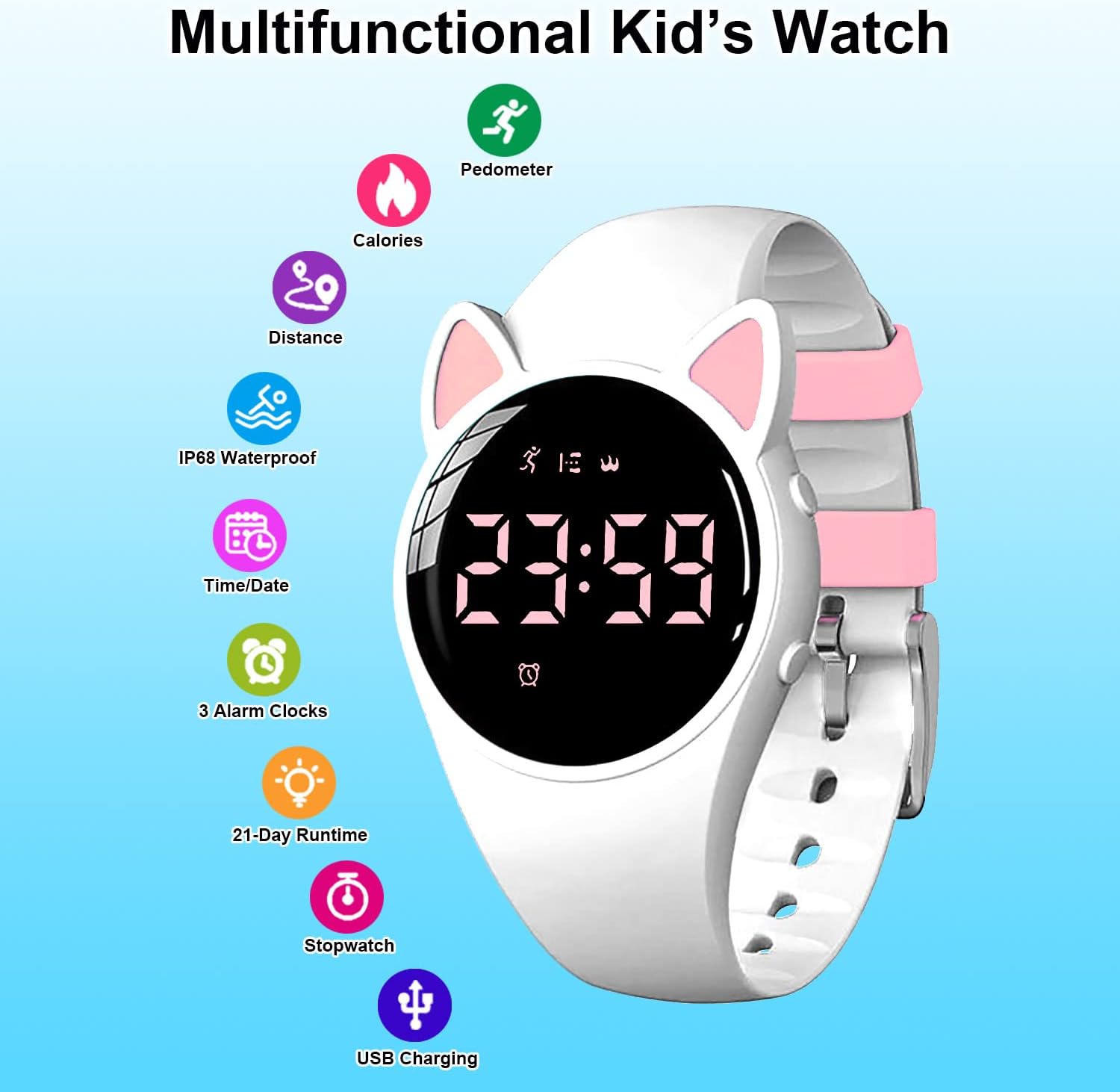 Kinder Schrittzähler Uhr Fitness Tracker Ohne App/Handy, IP68 wasserdichte Digitale Armbanduhr Sportuhr mit Schrittzähler Kalorienzähler Distanzzähler Timer Wecker für Kinder Mädchen Jungen – Bild 8