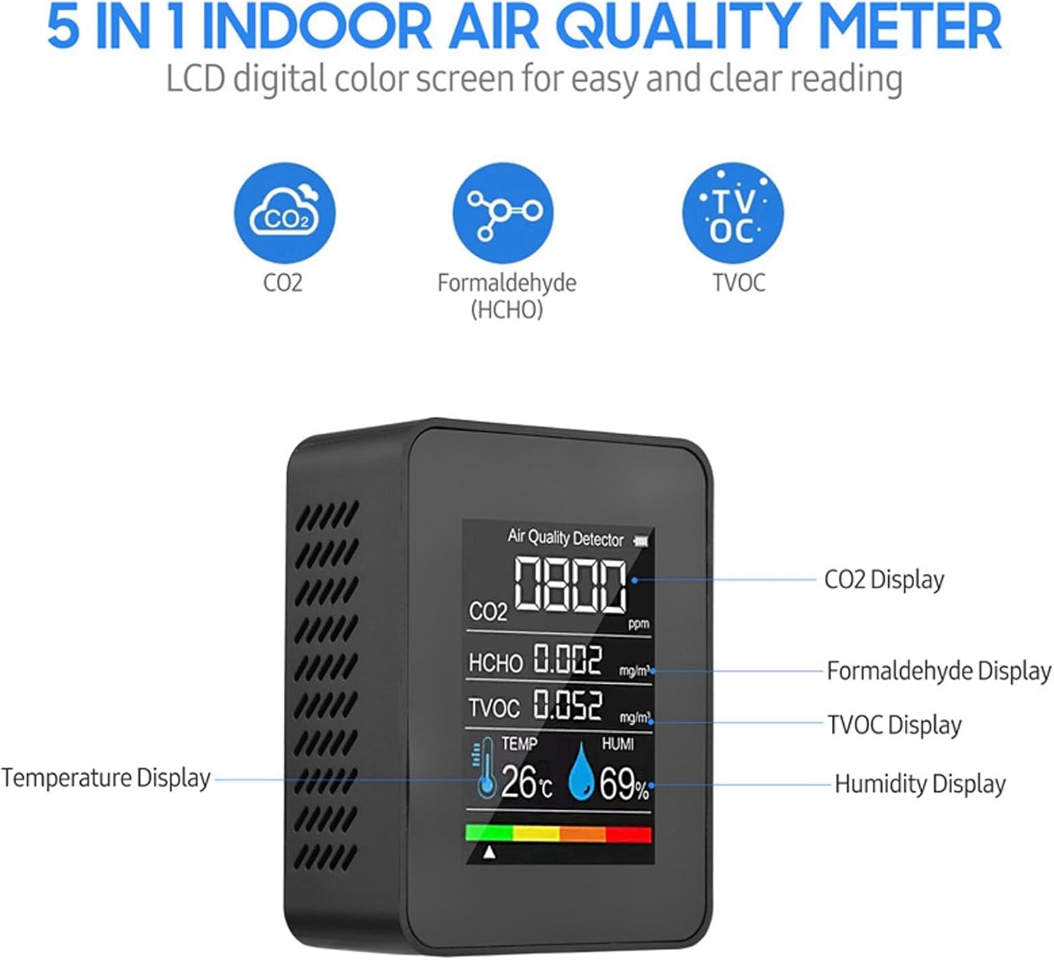 CO2-Detektor ABS CO2-Detektor, Schwarz CO2-Kohlendioxid-Detektor LCD TVOC HCHO Temperatur Luftfeuchtigkeit Luftqualitätsmonitor Messgerät Thermometer Hygrometer für Zuhause – Bild 4