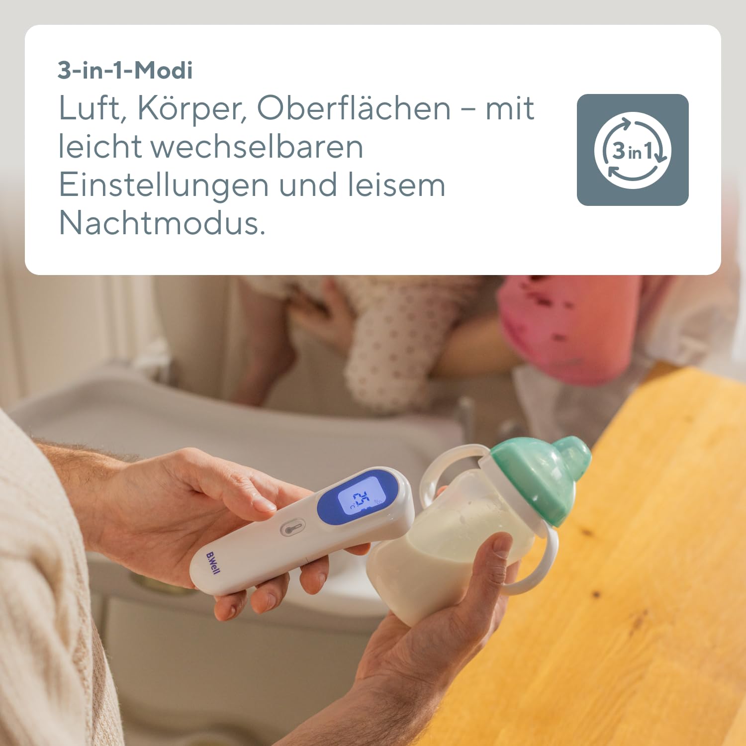 B.Well Schweizer berührungsloses Infrarot-Thermometer TH-7000, 3-in-1-Temperaturmessgerät für Körper, Wasser, Luft und Oberflächen von 0-100 °C, mit Distanzsensor und Nachtmodus, Schweizer Qualität – Bild 4