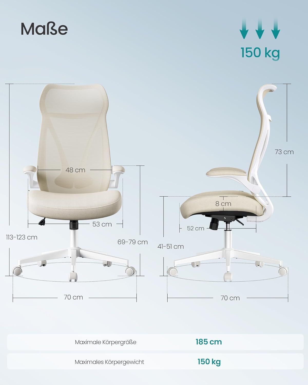 SONGMICS OBN088K01 Bürostuhl, ergonomische Rückenlehne, höhenverstellbar, hochklappbare Armlehnen, drehbarer Schreibtischstuhl mit Kopfstütze, belastbar bis 150 kg, Cappuccino Beige – Bild 3