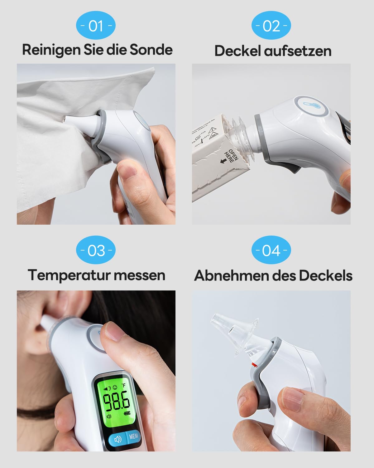 Fieberthermometer Ohr für Erwachsene und Kinder, hochpräzises 1-S-Ergebnis-Ohrthermometer, 30 Speicherabrufe, 3-Farben-Fieberalarm, mit 21 Einweg-Sondenhüllen und Aufbewahrungsbox (LCD transparent) – Bild 3