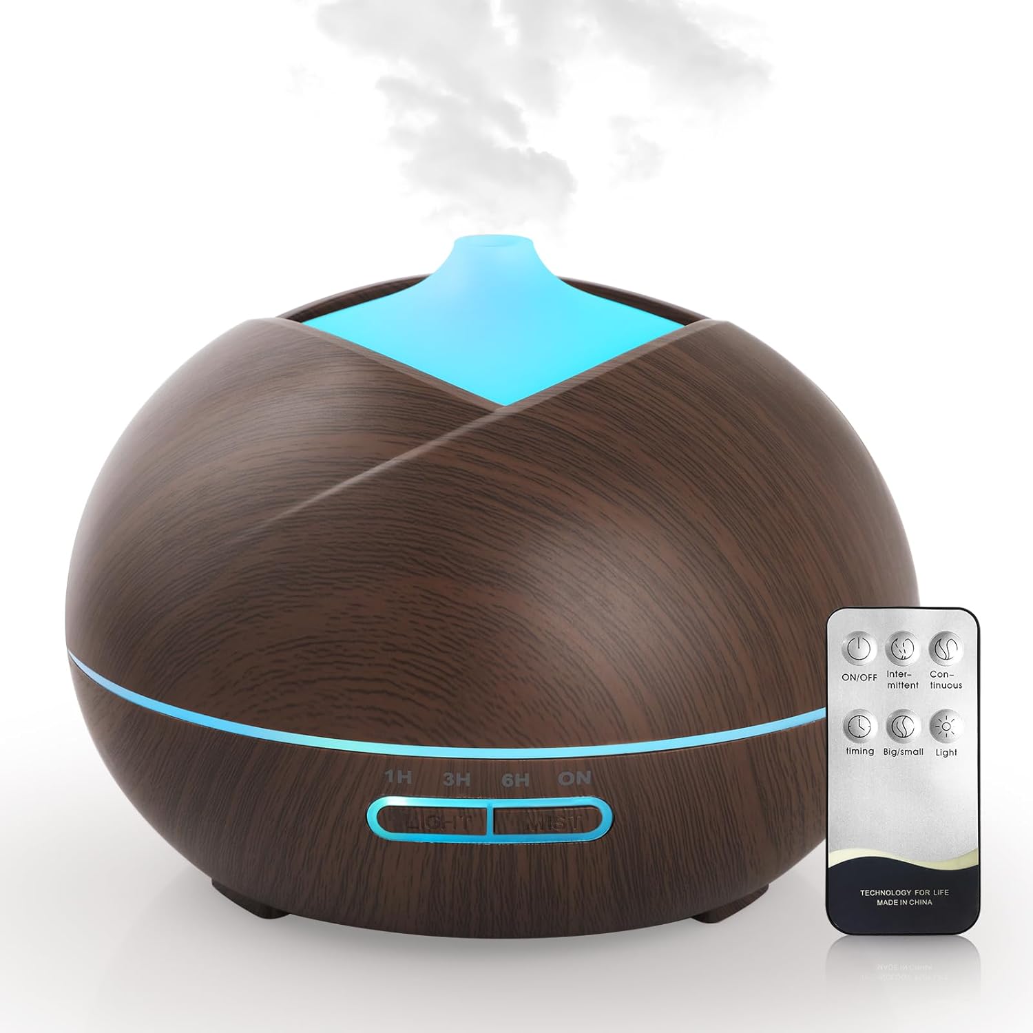 Aromadiffusor 500 ml, Diffusor für ätherische Öle, Aromatherapie-Luftbefeuchter mit Timer für Raum, Yoga, SPA, 14-Farben-LED, Fernbedienung, dunkle Holzmaserung