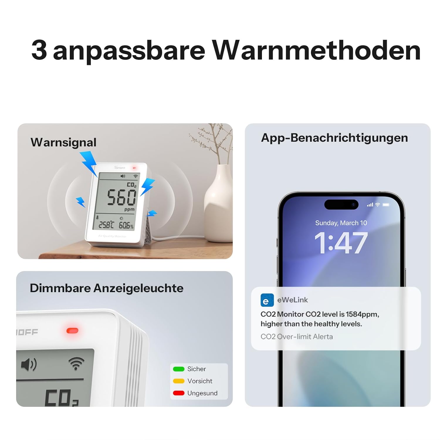 SONOFF AirGuard CO2 Intelligenter Raumluftqualitätsmonitor, Materie-kompatibel, 2,4-GHz-WLAN, CO2-/Temperatur-/Feuchtigkeitsdetektor, Echtzeitanzeige und Alarm für Schlafzimmer/Kinderzimmer – Bild 5