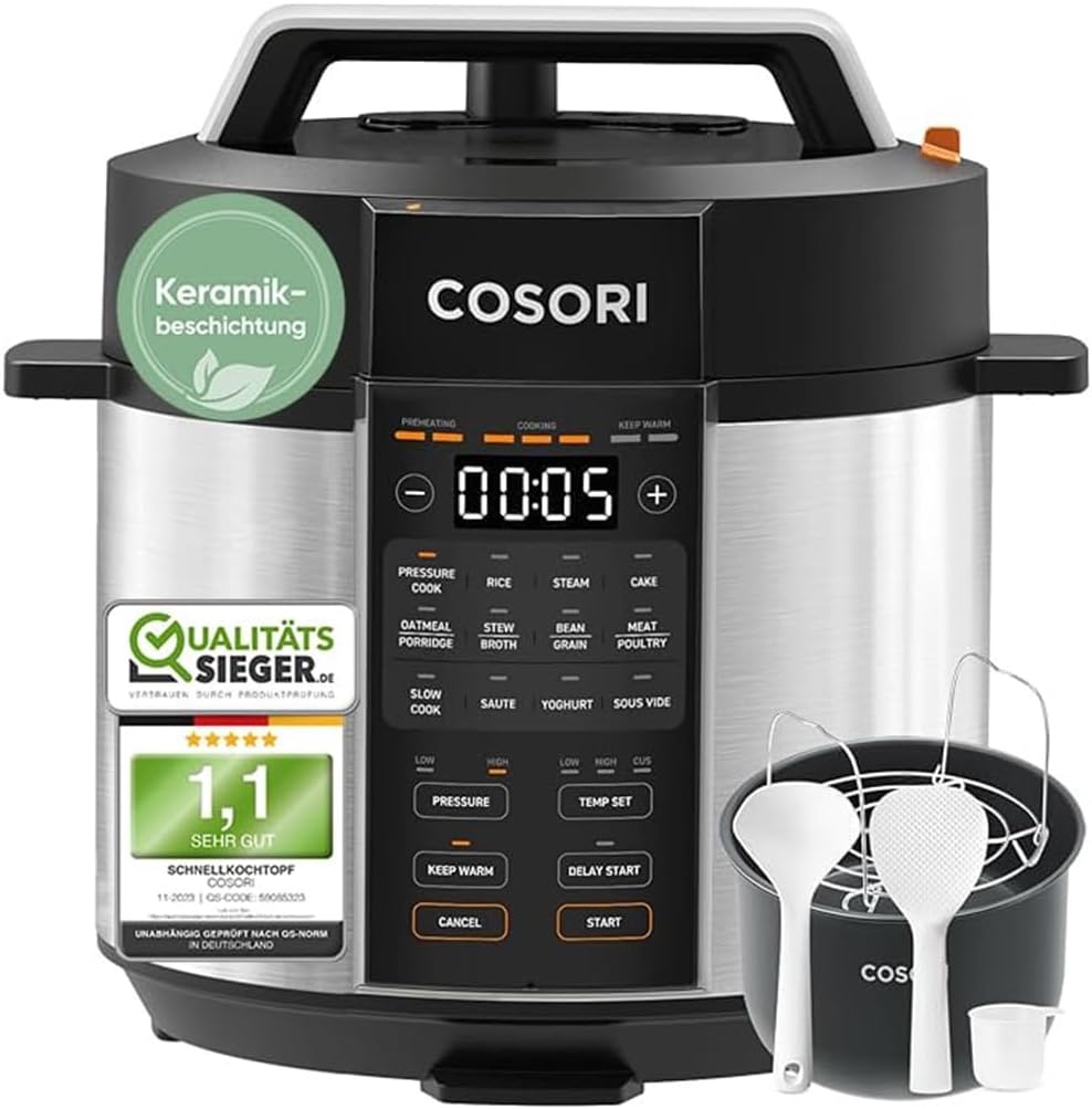COSORI Schnellkochtopf, Keramikbeschichtung, 9-in-1, Multikocher mit 14 Funktionen, Schnellkochtopf 5,7 l, Reiskocher, Dampfgarer, Joghurtbereiter, Slow Cooker und Sous Vide, Rezeptbuch, Edelstahl