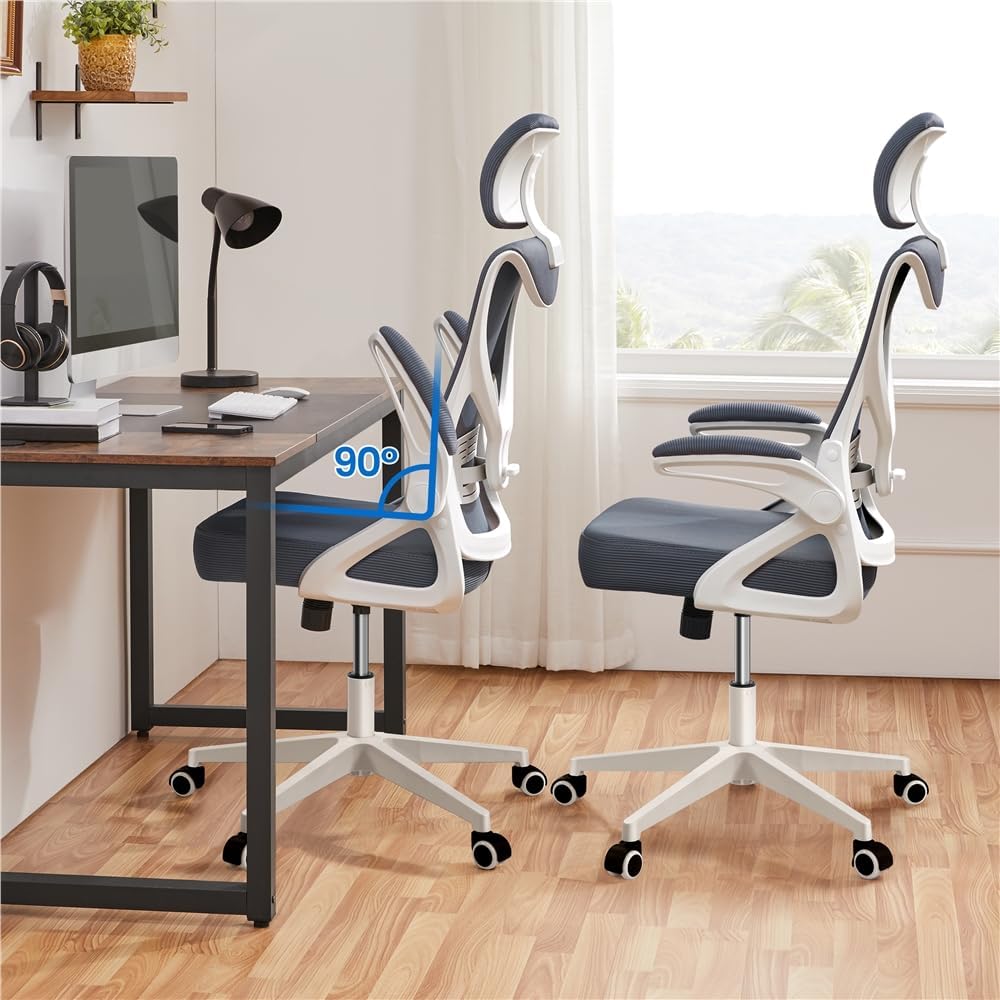 Yaheetech Ergonomischer Bürostuhl, Schreibtischstuhl mit klappbaren Armlehnen, Drehstuhl mit Rückenlehne und verstellbarer Kopfstütze, Chefsessel, Wippfunktion, maximale Belastung 136 kg, Weiß/Grau – Bild 4