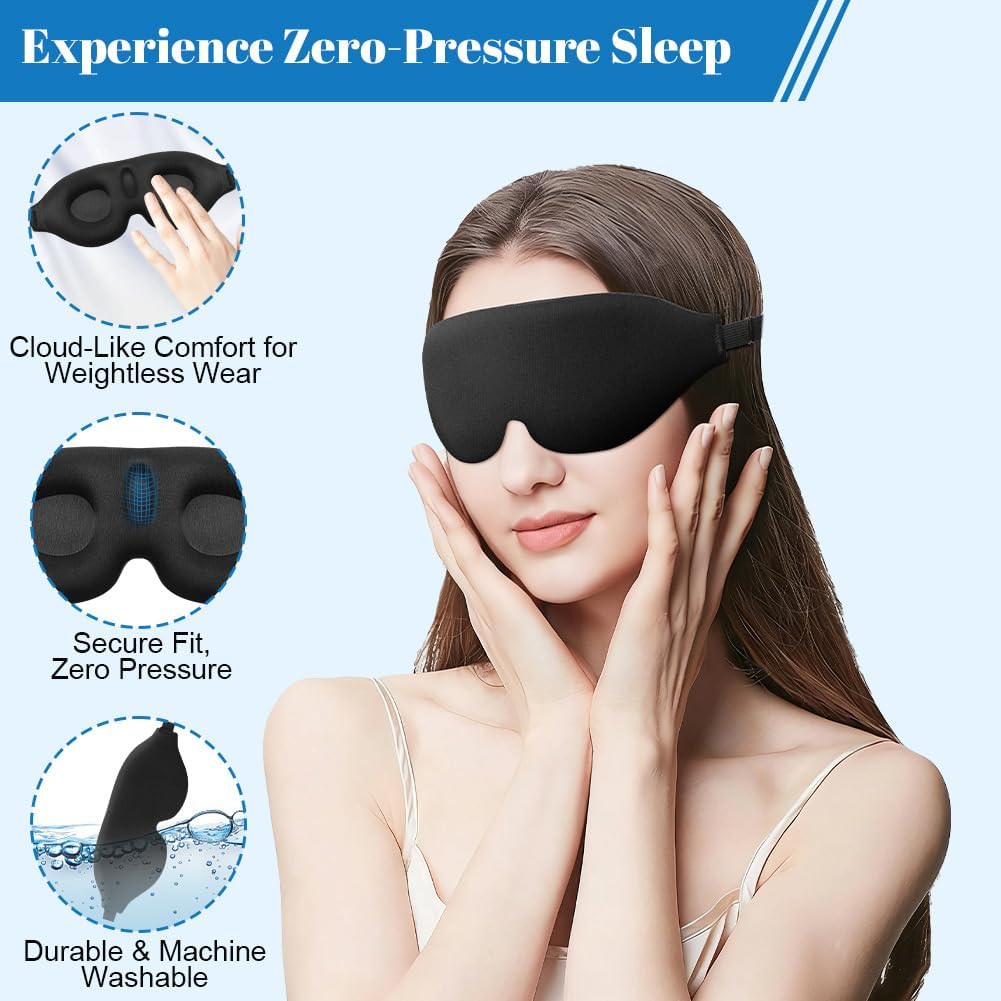 Schlafmaske für Seitenschläfer, 2er-Set, 3D-Lichtblockierung, atmungsaktive und bequeme Augenmaske mit verstellbarem Gummiband für Damen und Herren, Reise-Ohrstöpsel, Schwarz – Bild 5
