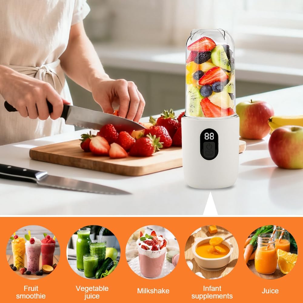 Tragbarer Mixer, 500 ml Smoothie Maker, 16 Blatt tragbarer elektrischer Entsafter, Mini-Mixer 1200 mAh, Smoothie Maker to Go mit Digitalanzeige für Babynahrung, Saft, Marmelade, Shake, Smoothie, Weiß – Bild 2