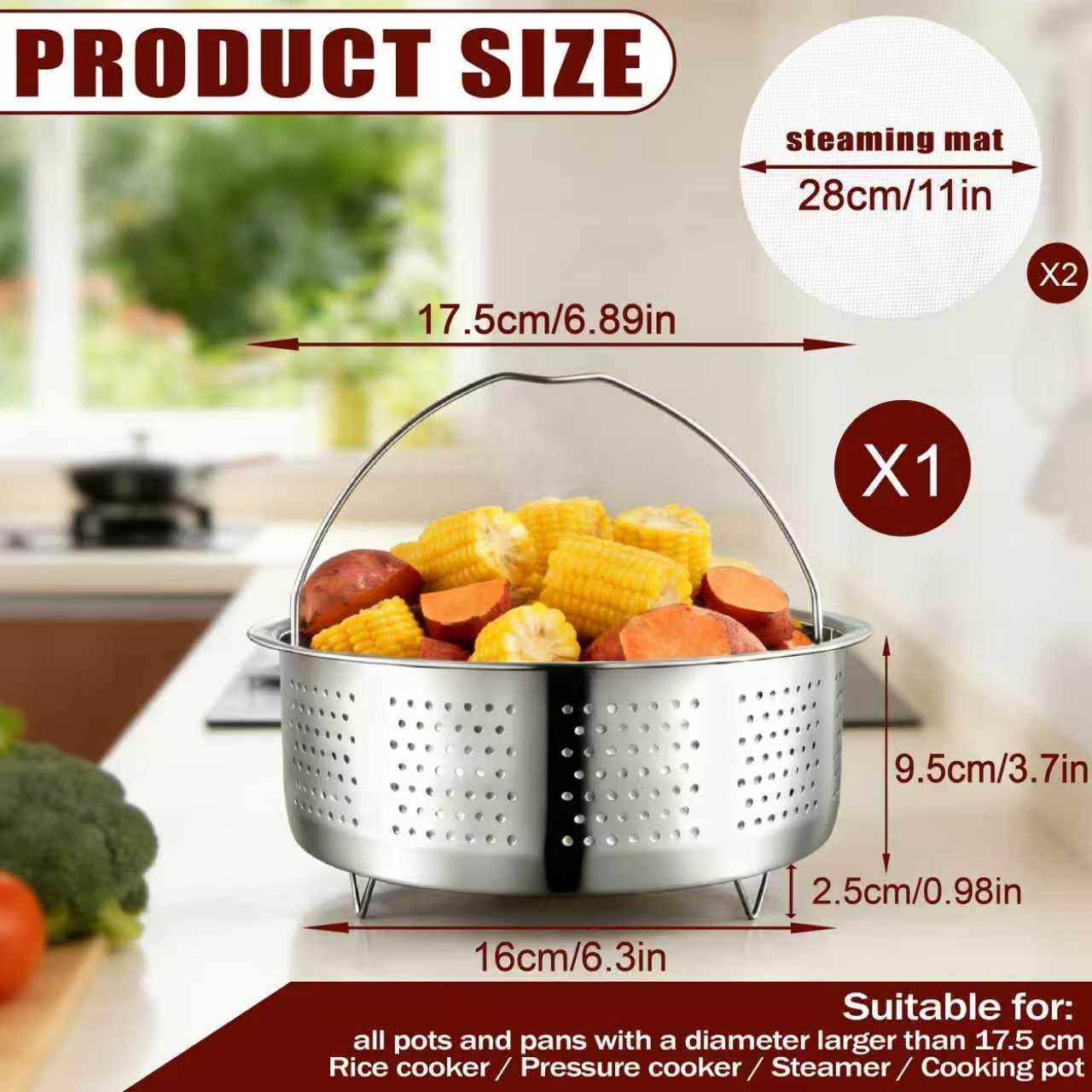 Dampfgareinsatz aus Edelstahl 304 für Töpfe, 17,5 cm Dampfgareinsatz für Topf, ideal als Siebeinsatz für Kochtöpfe und Schnellkochtöpfe. Zum gesunden Dämpfen von Gemüse, Obst, Eiern (Silber) – Bild 2