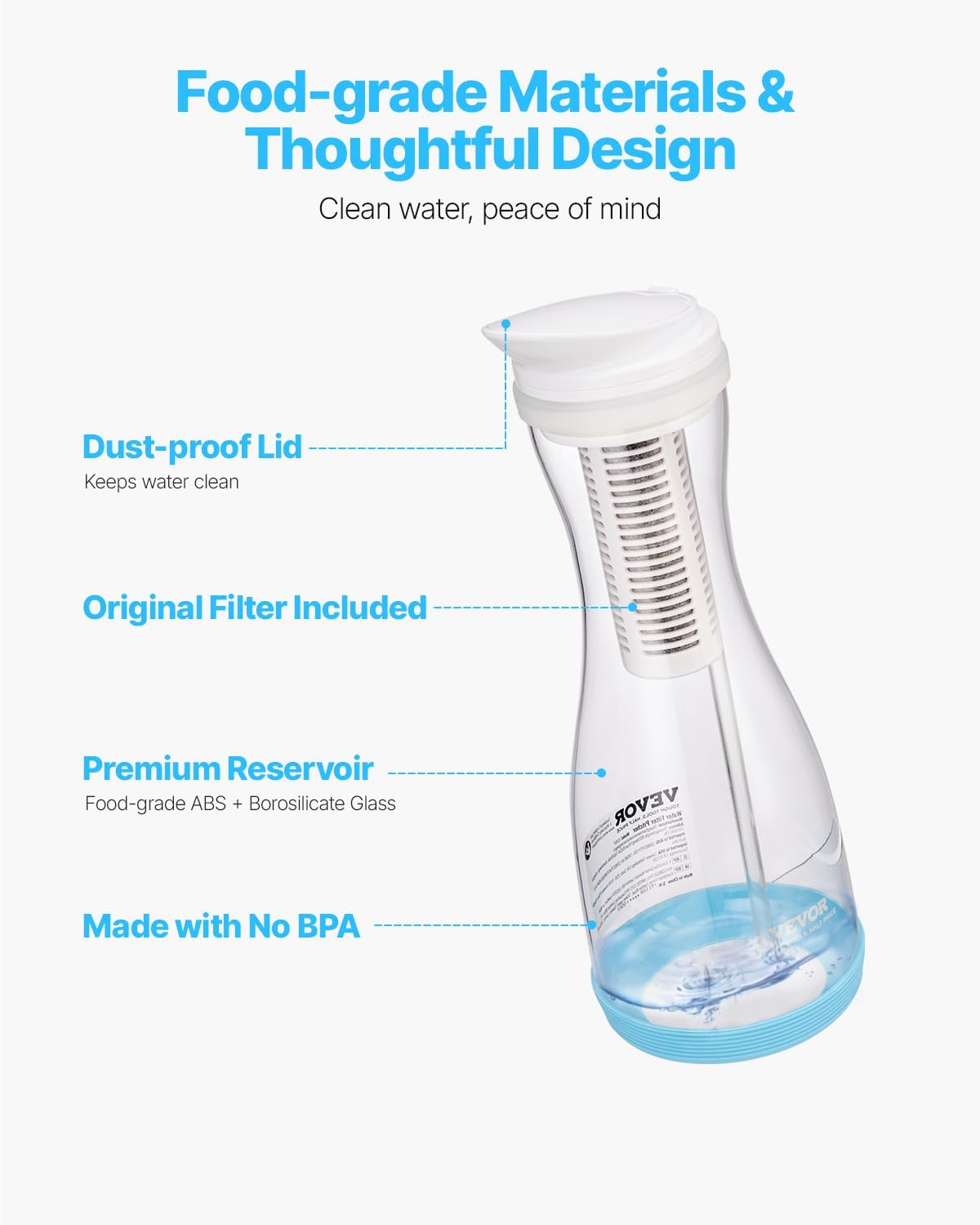VEVOR Wasserfilterkanne, Wasserfilterkanne, 6 Tassen, Glas, Wasserfilterspender, kühlschrankfreundliches Wasserfiltersystem, kein BPA, hält 3 Monate / 800 l, reduziert Chlor- und Rostgerüche, PFOA/PFOS – Bild 6
