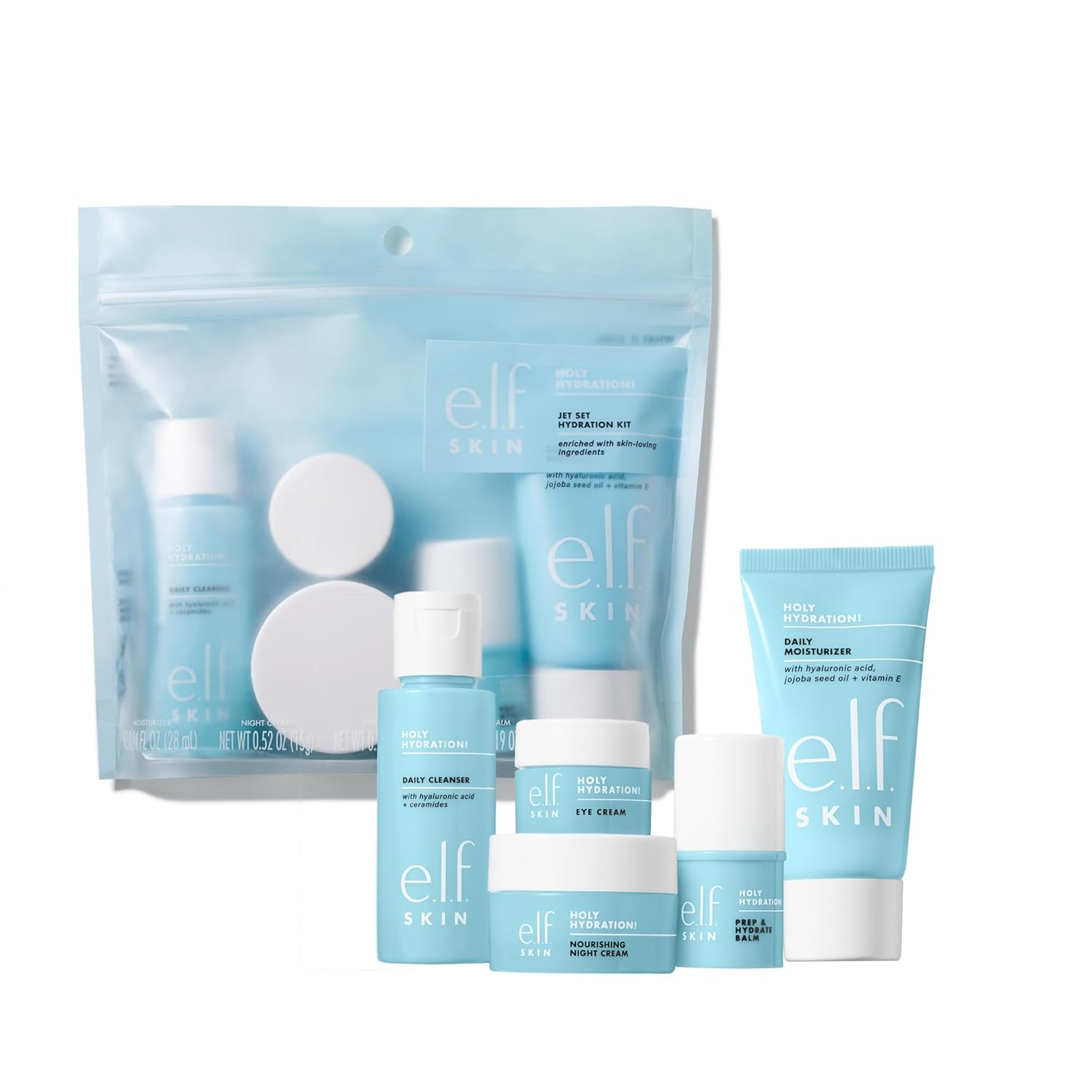 elf SKIN Jet Set Hydration Kit, reisefreundliches Feuchtigkeitspflegeset, Gesichtsreiniger, nährender Balsam, Feuchtigkeitscreme, Augencreme und Nachtcreme, vegan und tierversuchsfrei