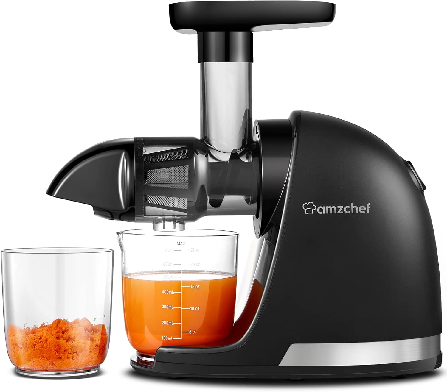 AMZCHEF Entsafter Gemüse und Obst Testsieger – Entsafter Slow Juicer mit umgekehrter Kaufunktion – schonendes Zerkleinern ohne Filter – elektrischer Entsafter mit Bürste und 2 Tassen – mattschwarz