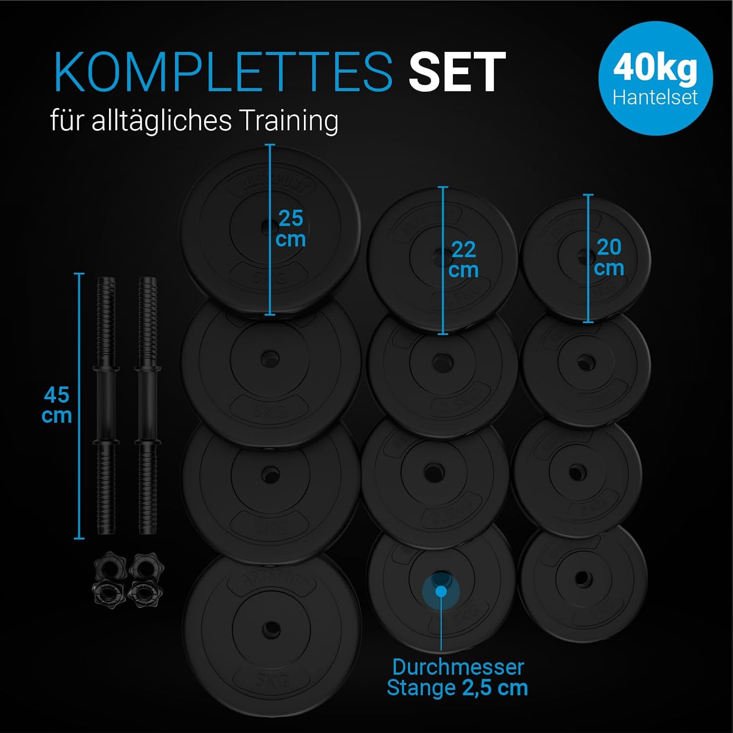 ArtSport 2er-Hantelset 20/30/40 kg – Hantelset mit 2 Hanteln, Gewichten und 4 Spinlock-Kragen – Bild 5