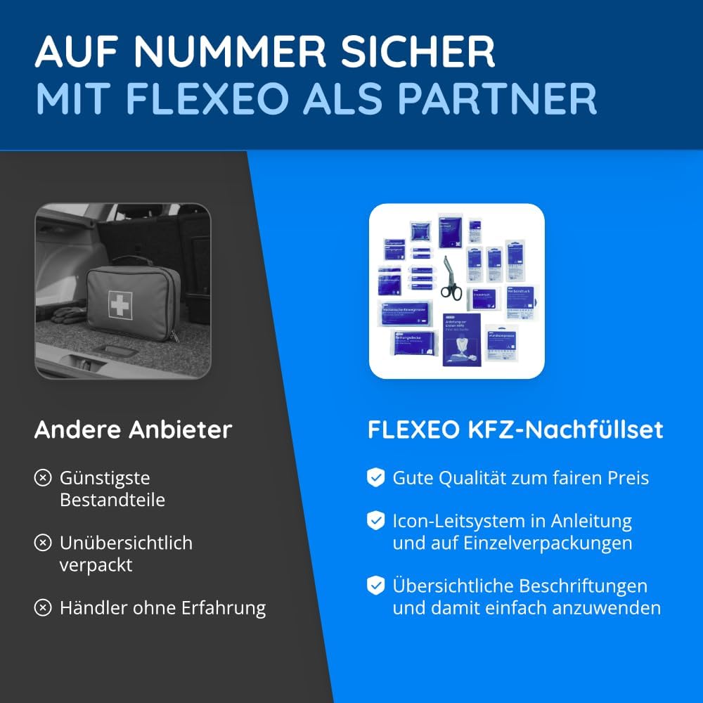 1 x FLEXEO Auto-Nachfüllset DIN 13164:2022, Erste-Hilfe-Set für Auto und Motorrad, Notfallset, Befüllung, Erste-Hilfe-Tasche, schwarz – Bild 7