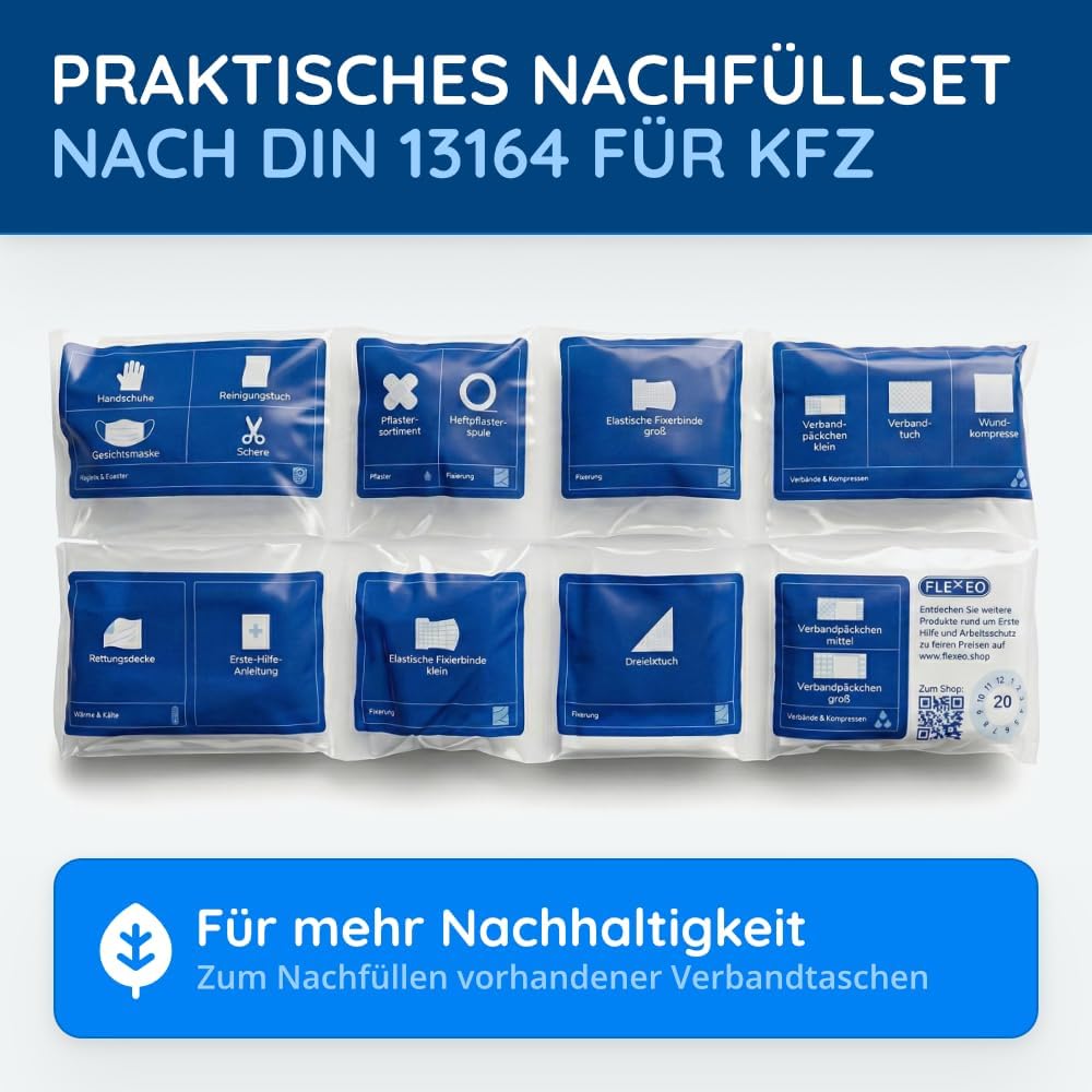 1 x FLEXEO Auto-Nachfüllset DIN 13164:2022, Erste-Hilfe-Set für Auto und Motorrad, Notfallset, Befüllung, Erste-Hilfe-Tasche, schwarz – Bild 2
