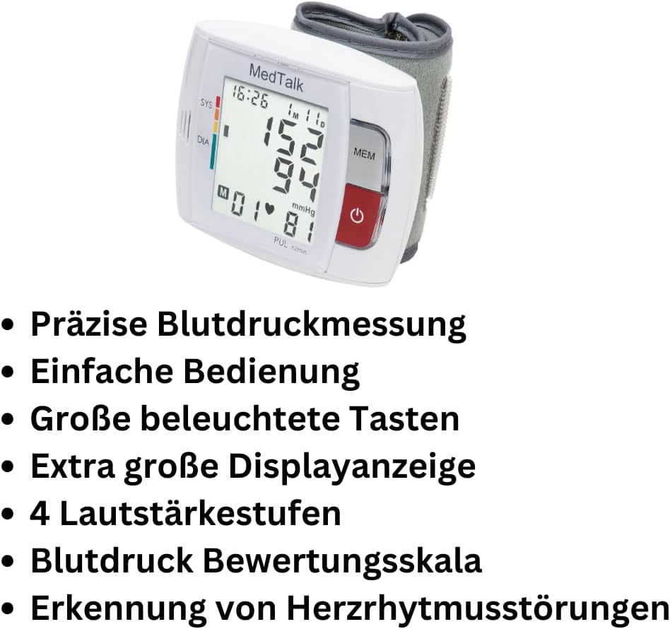 MedTalk Sprechendes Handgelenk-Blutdruckmessgerät, 1330s, vollautomatisches Blutdruckmessgerät, mit Warnfunktion bei Herzrhythmusstörungen – Bild 2