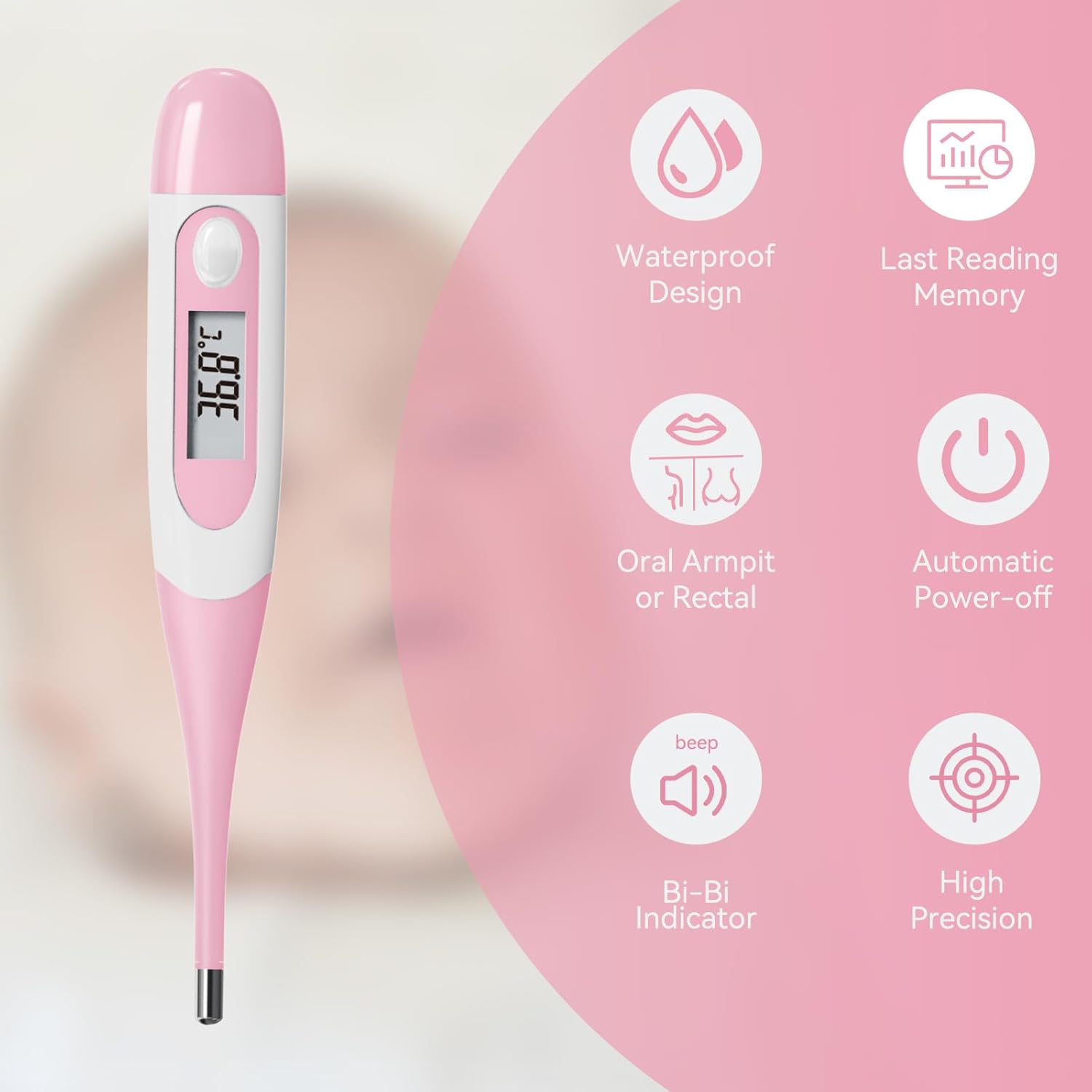 Snomd Digitales Fieberthermometer für Erwachsene und Kinder, medizinisches Thermometer mit Fieberalarm und flexibler Spitze – Bild 9